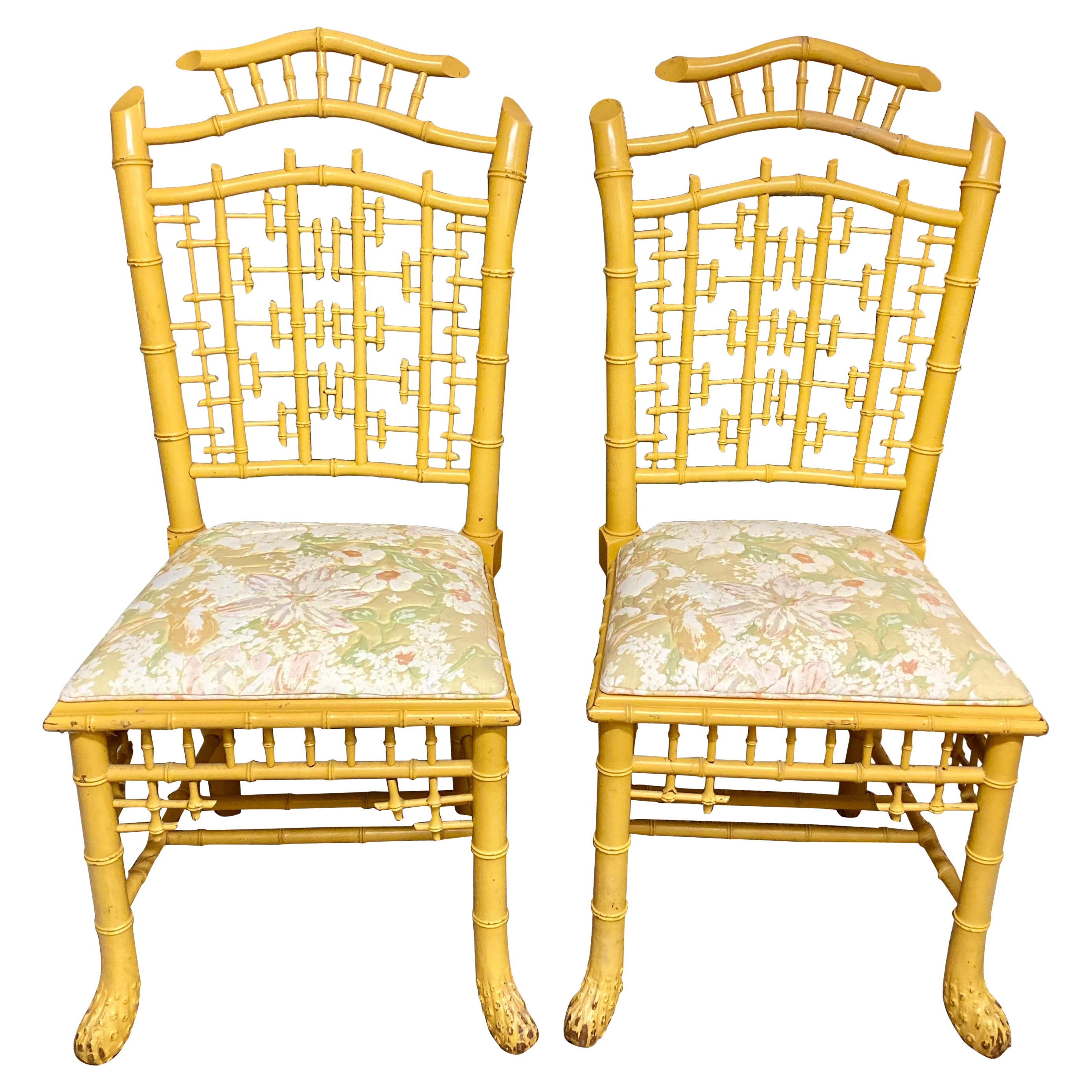 English Carved Faux Bamboo Side Chairs in Yellow Finish, a Pair For Sale
