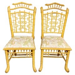 English Carved Faux Bamboo Side Chairs in Yellow Finish, a Pair