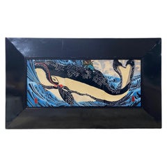 Vintage Japanese Asian Ceramic Wall Plaque Painting Utagawa Kuniyoshi Subduing Whale 