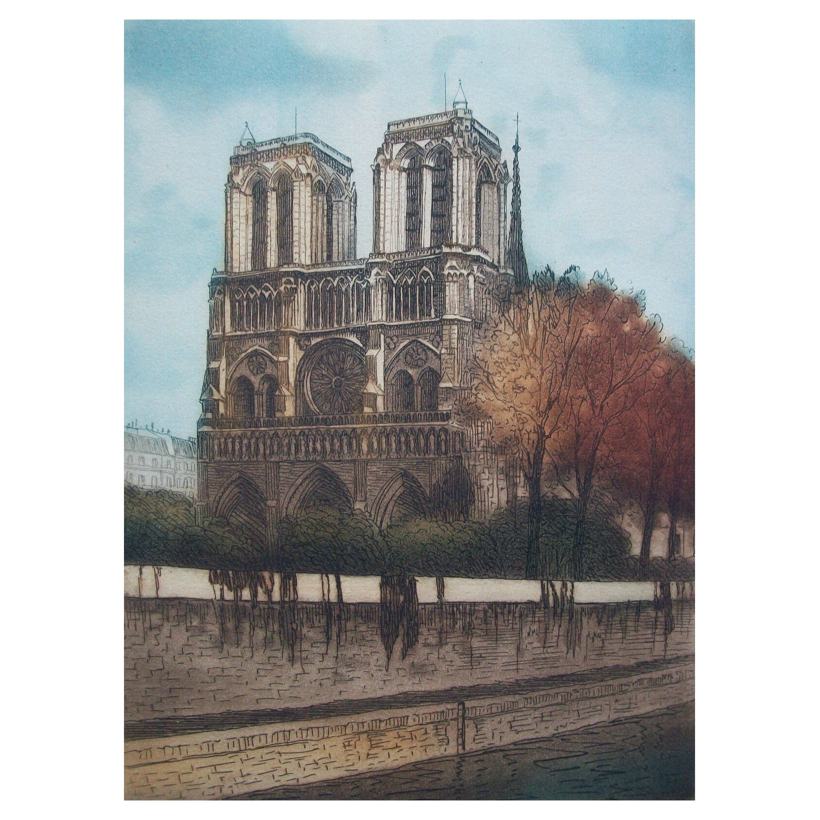 Notre Dame Cathedral - Colored Fine Art Engraving - Signed - France - Circa 1910 For Sale