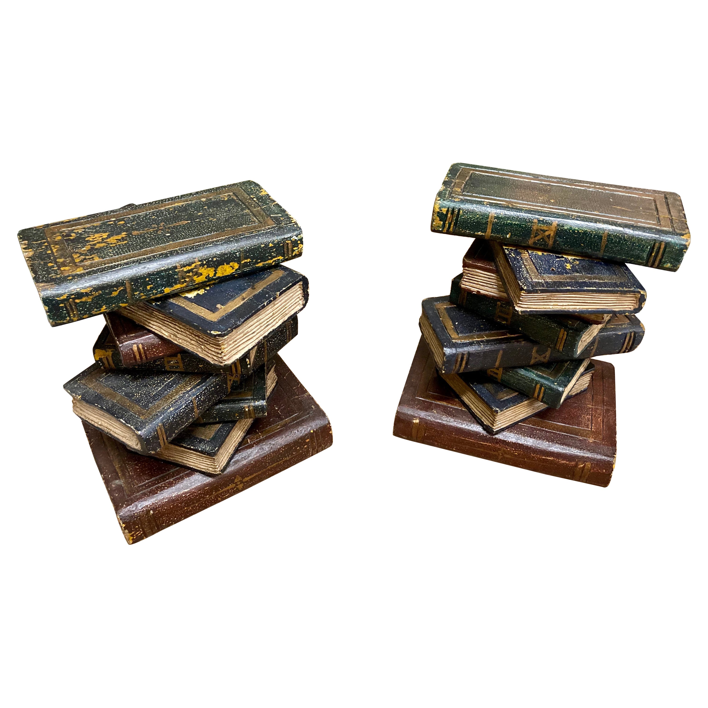 French Carved Wood Stacked Book Cocktail Tables, a Pair For Sale