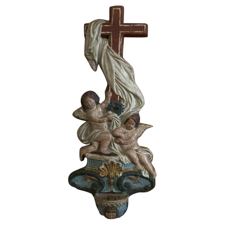 Antique Church Sculpture Decorative Cross with Angels Bénitier en terre For Sale