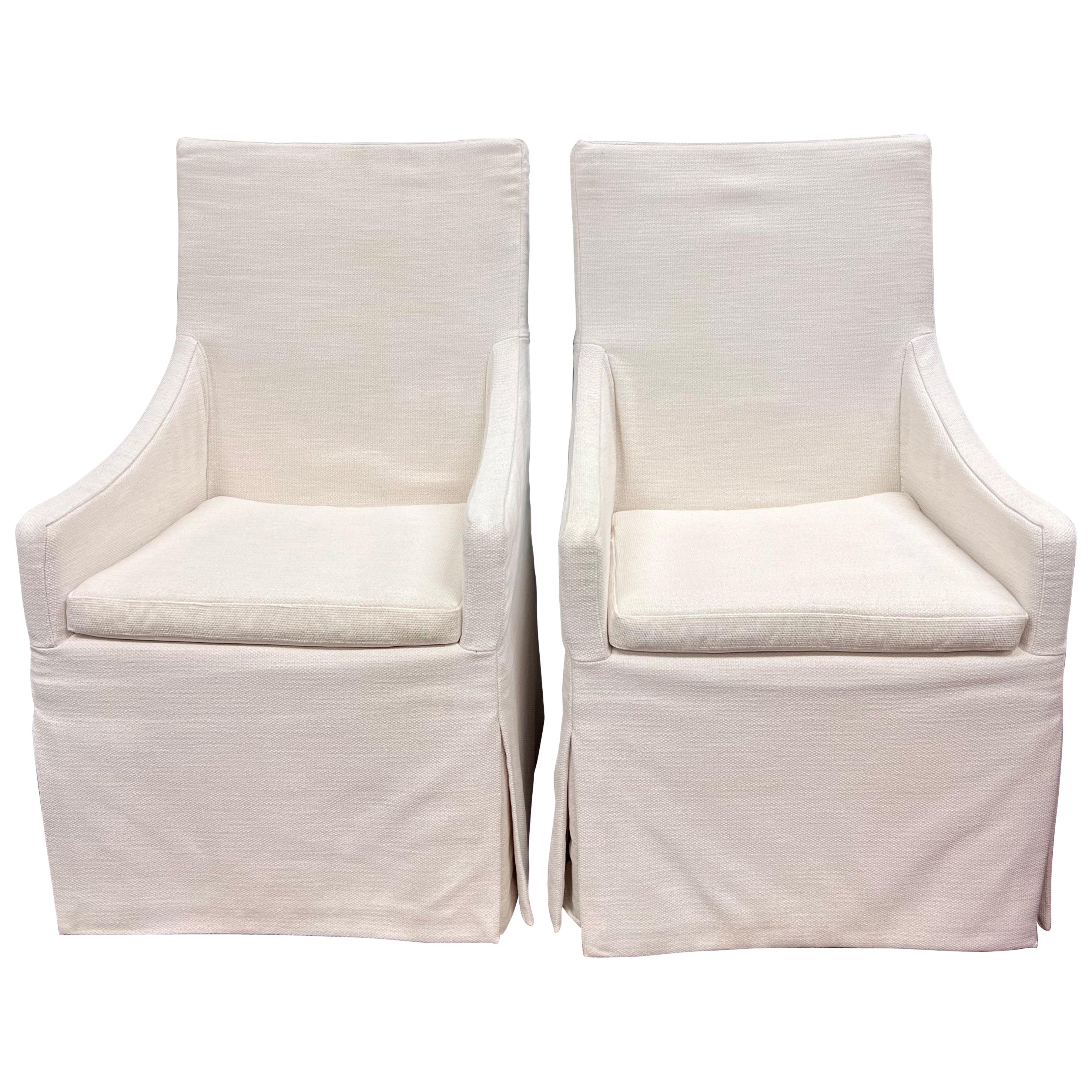 Pair of Restoration Hardware White Belgian Linen Slipcovered Dining Armchairs  For Sale