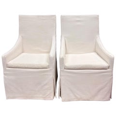 Used Pair of Restoration Hardware White Belgian Linen Slipcovered Dining Armchairs 