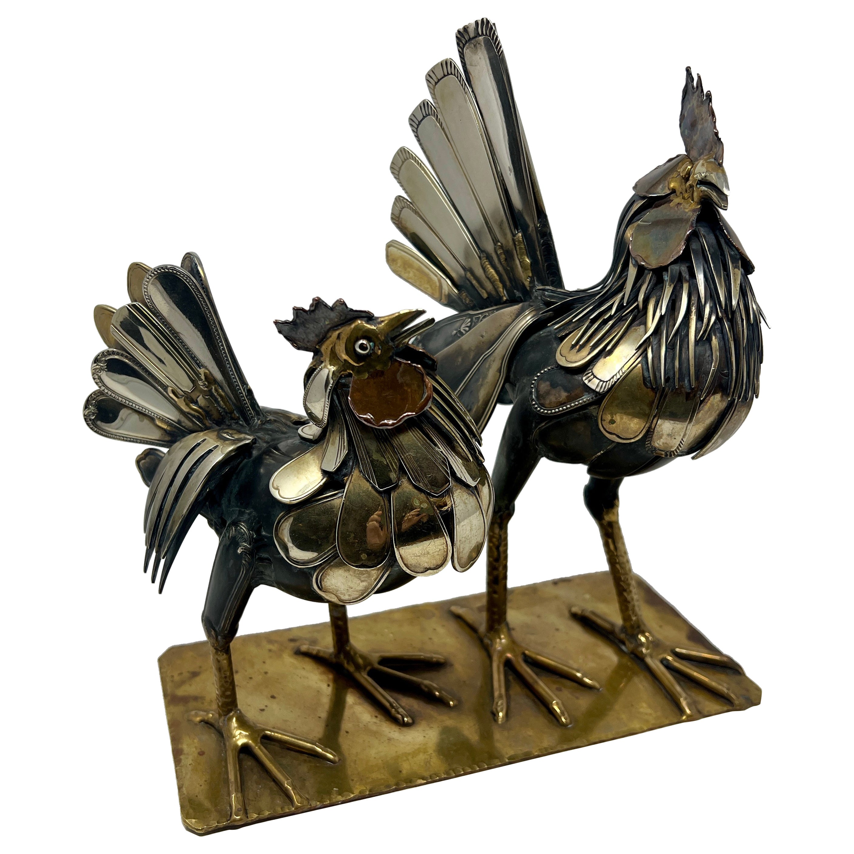 Multi Metal "Roosters" Sculpture, Original Work Signed by Artist, Gerard Bouvier For Sale