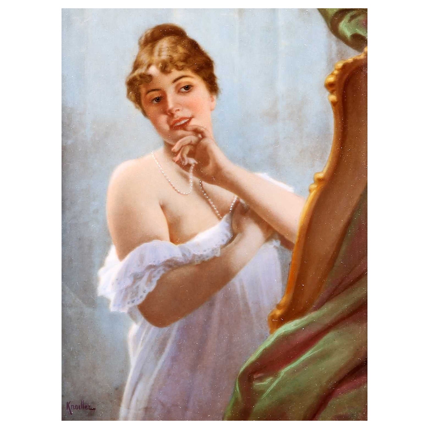 KPM Berlin Fine Porcelain Plaque "Lady with Pearl Necklace" Signed by Knoeller For Sale