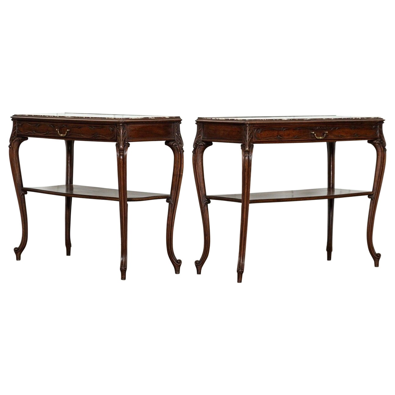 Pair 19thC French Walnut Marble Serving Tables For Sale
