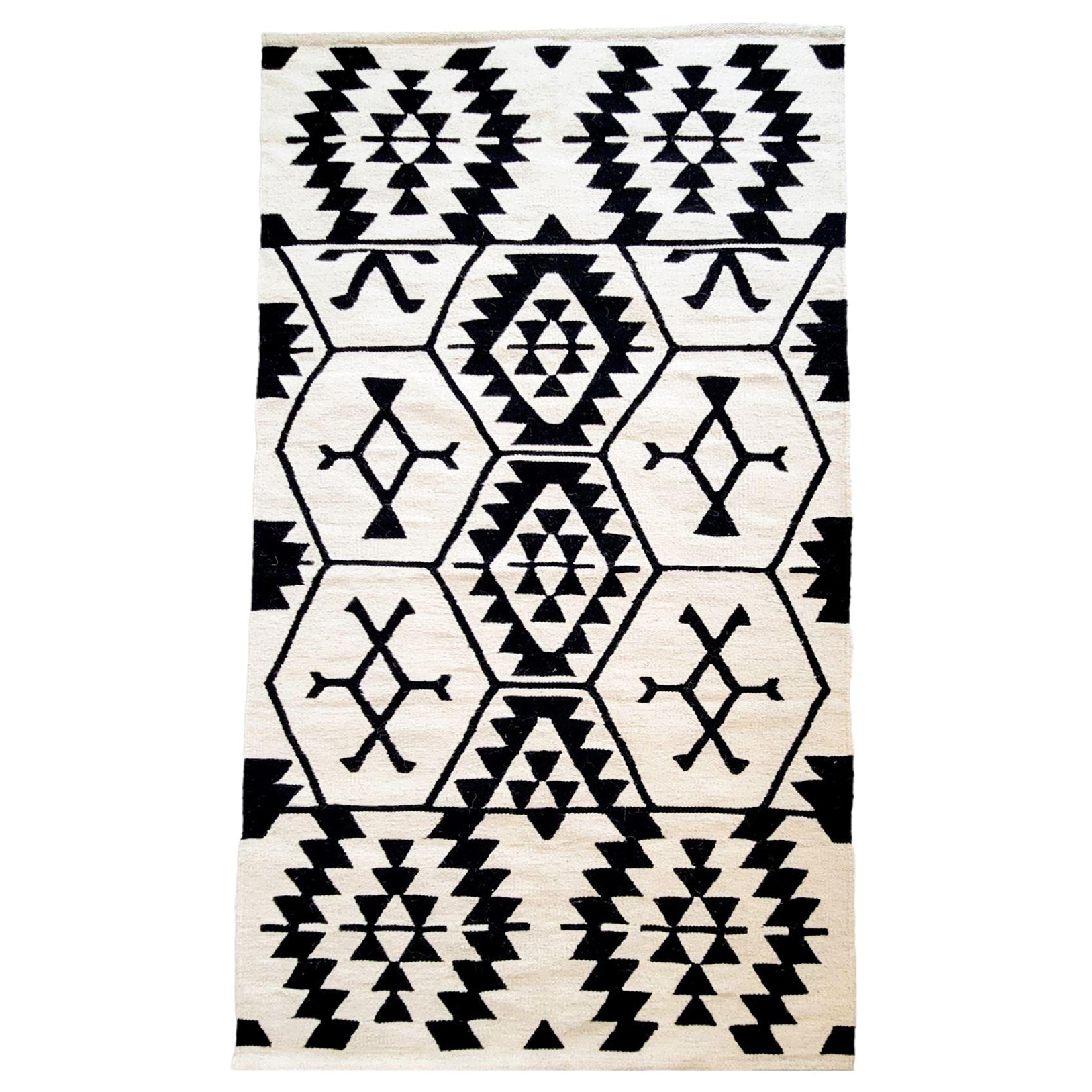 Black and Cream Wool Western Handwoven Kilim For Sale