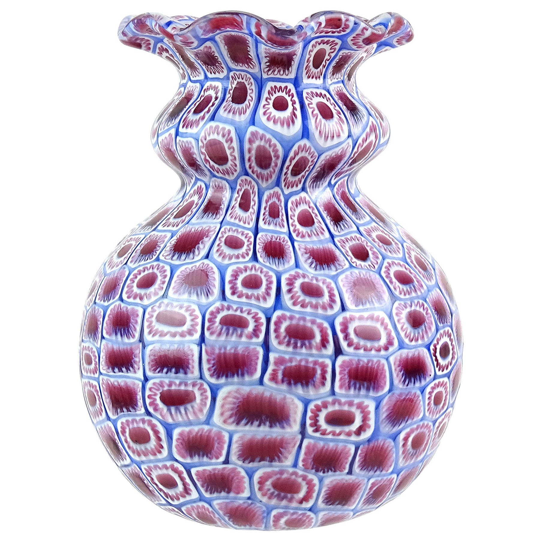 Toso Murano Rosa Blau Weiß Millefiori Blume Mosaik Italienische Kunst Glas Knospe Vase im Angebot