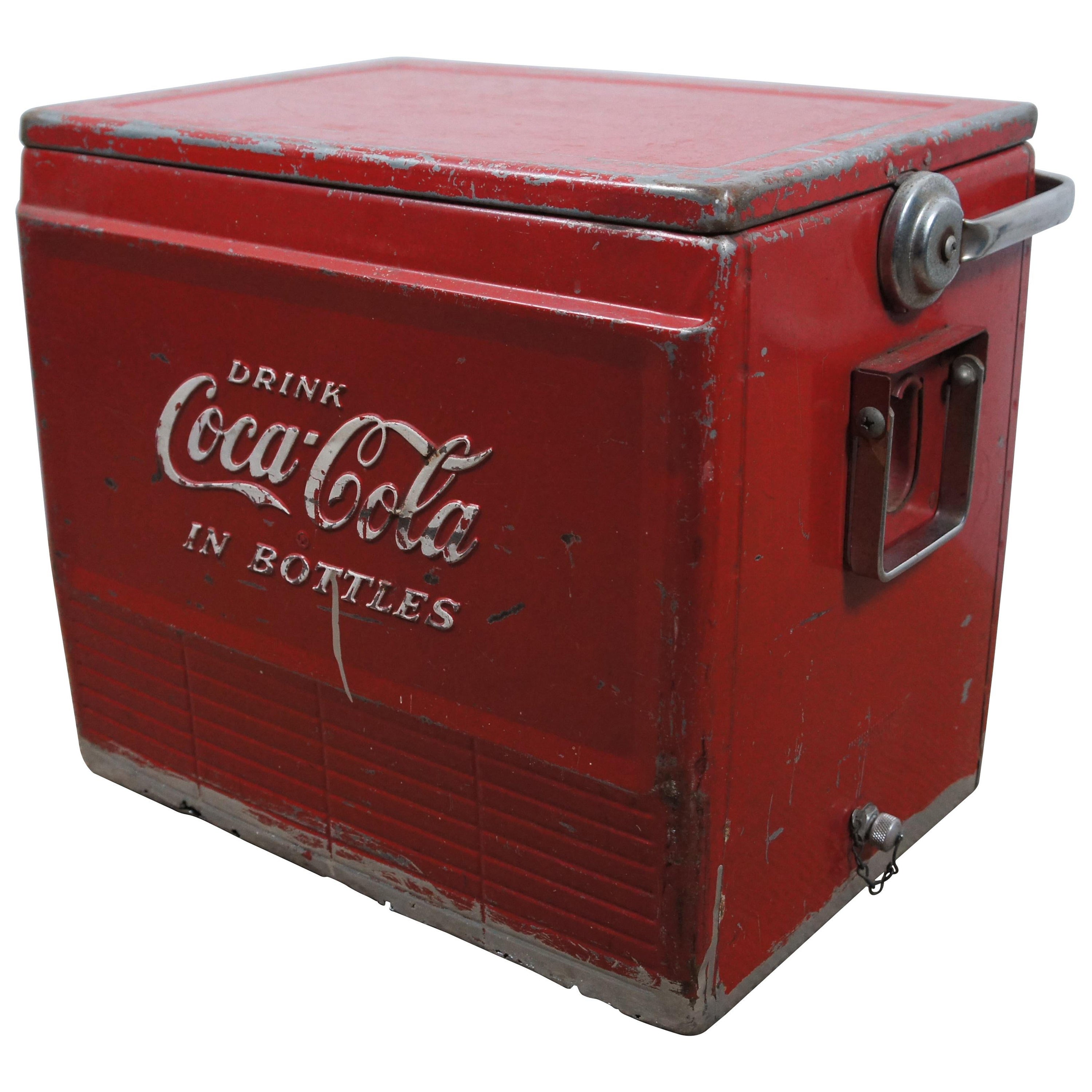 Mid Century Red Metal Coca Cola in Bottles Beverage Cooler w Tray 20" For Sale