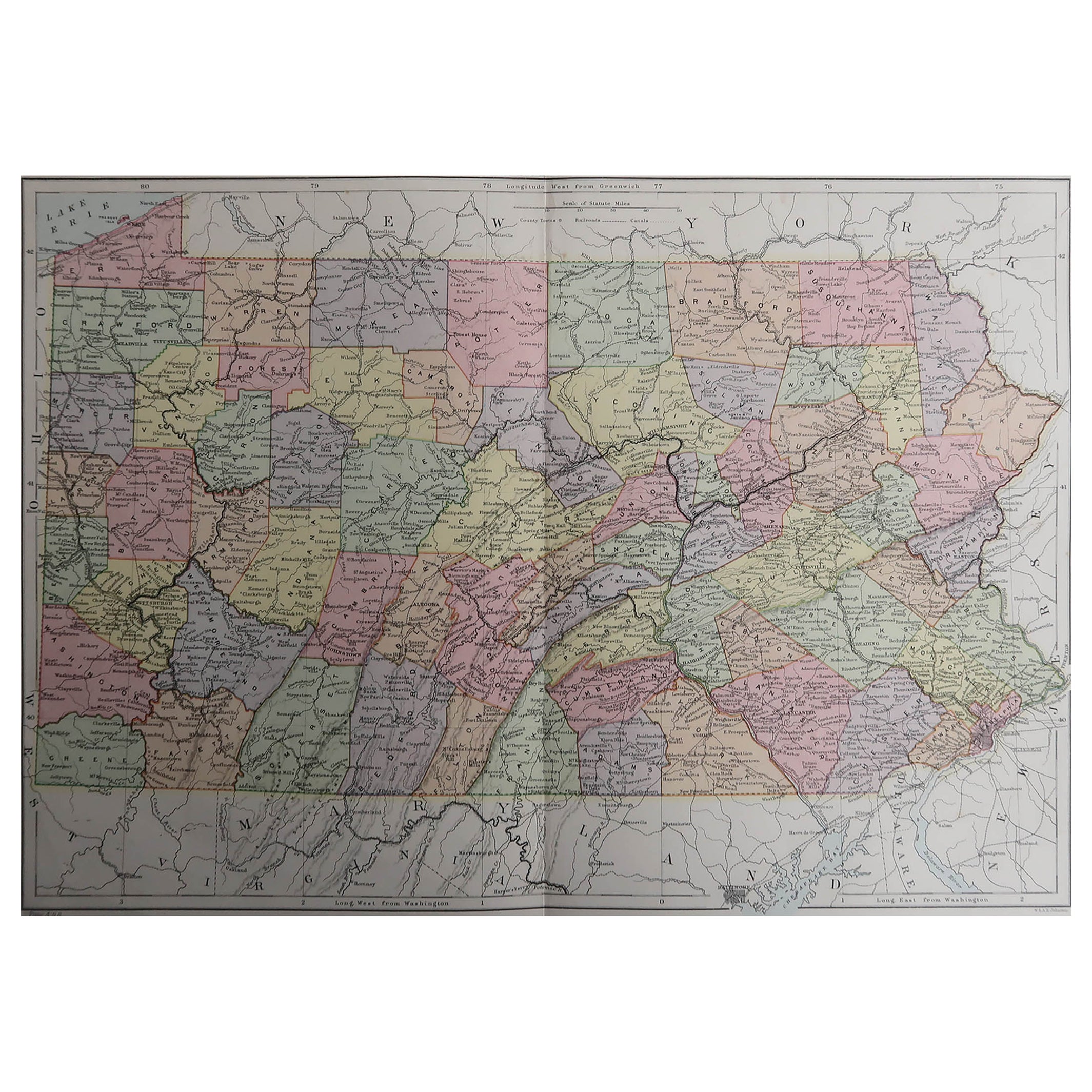 Carte ancienne d'origine de l'État américain de Pennsylvanie, 1889