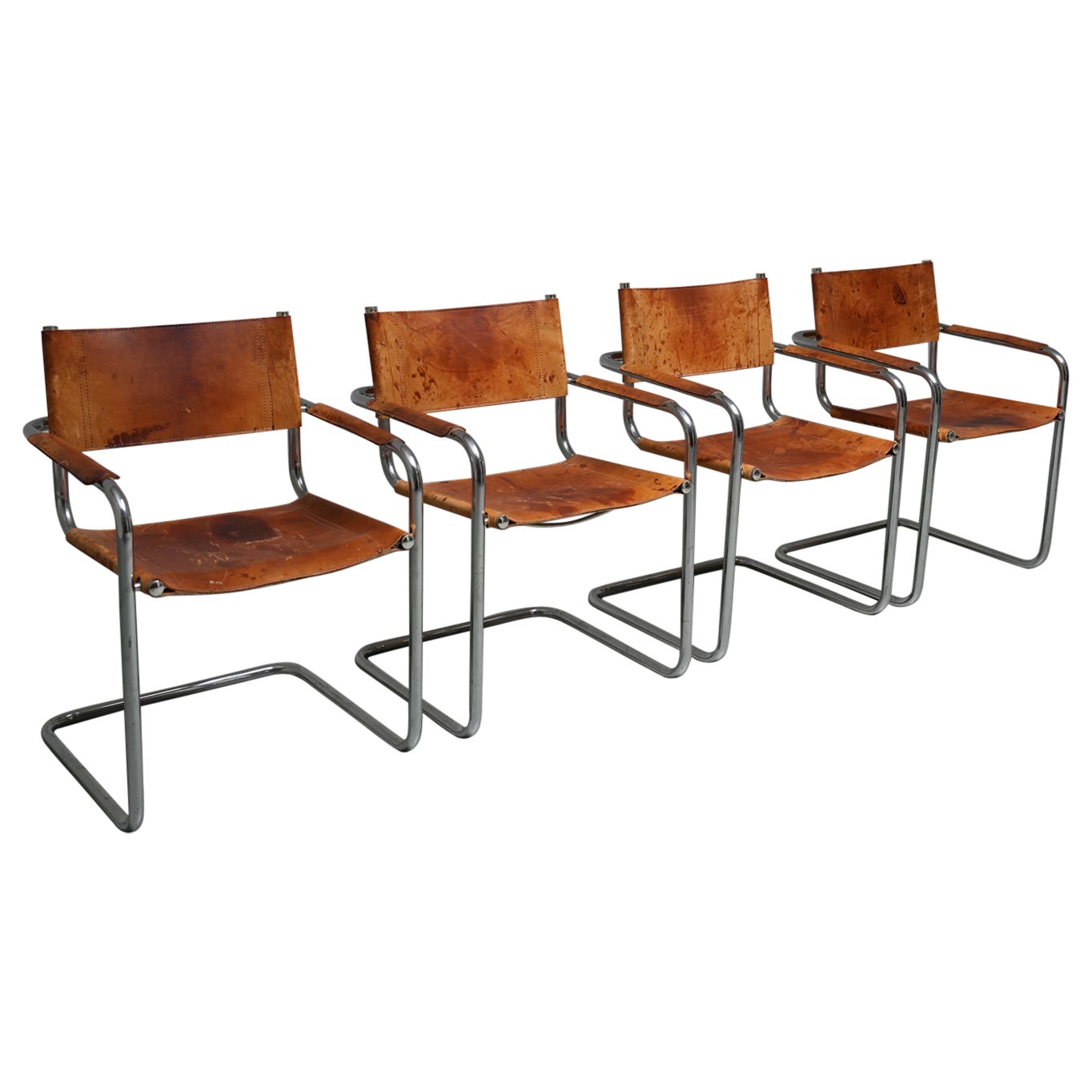 Set of 4 Dinging Chairs B 34 by Mart Stam in patinated leather, Italy, 1970's For Sale