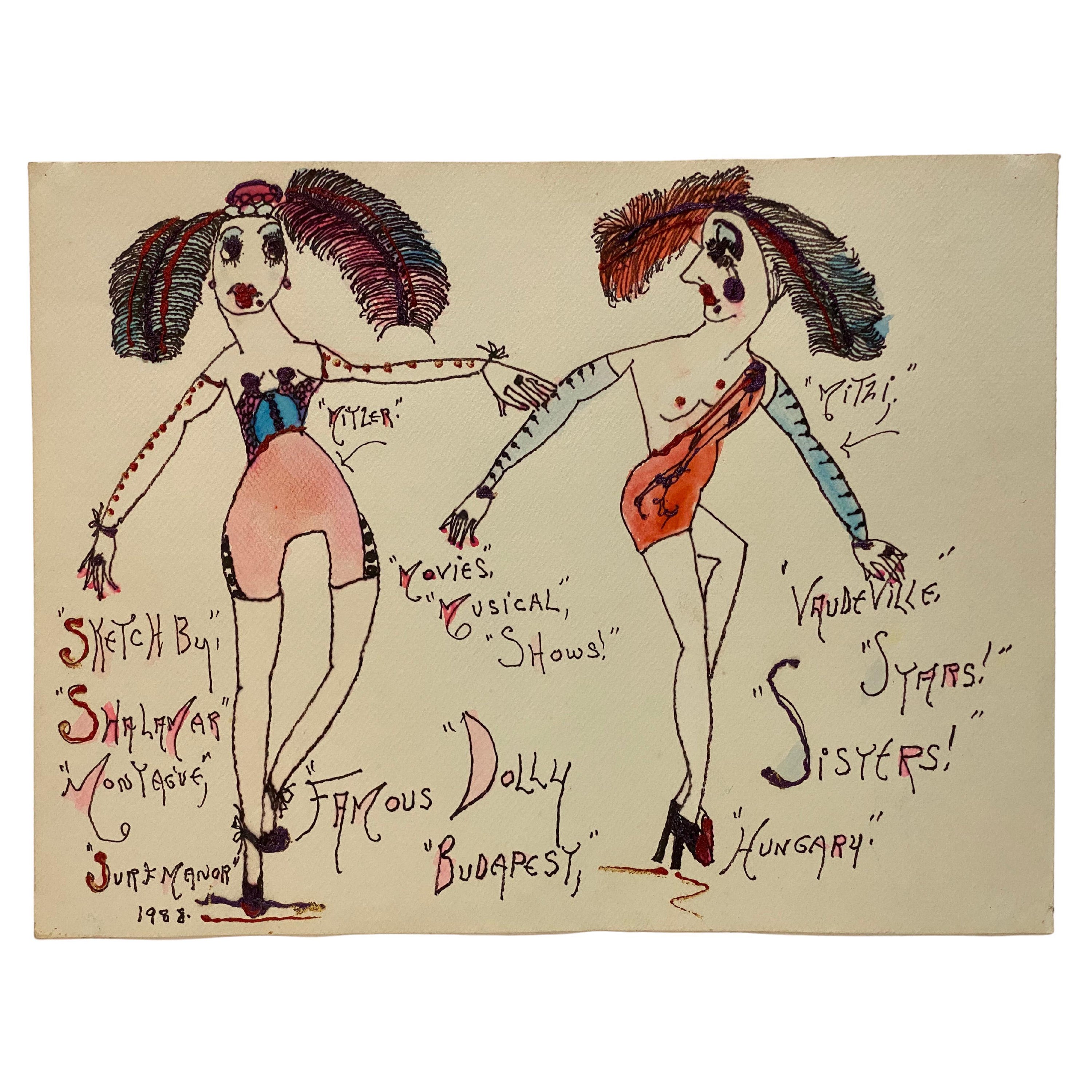 Lady Shalimar Vaudeville, Zeichnung in Mischtechnik, 1988 im Angebot