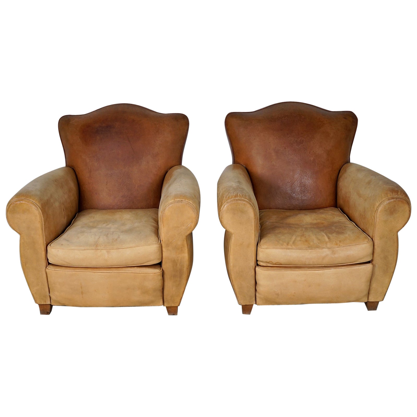  Pair of French Cognac Moustache Back Leather Club Chairs, 1940s For Sale