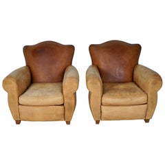 Vintage  Pair of French Cognac Moustache Back Leather Club Chairs, 1940s