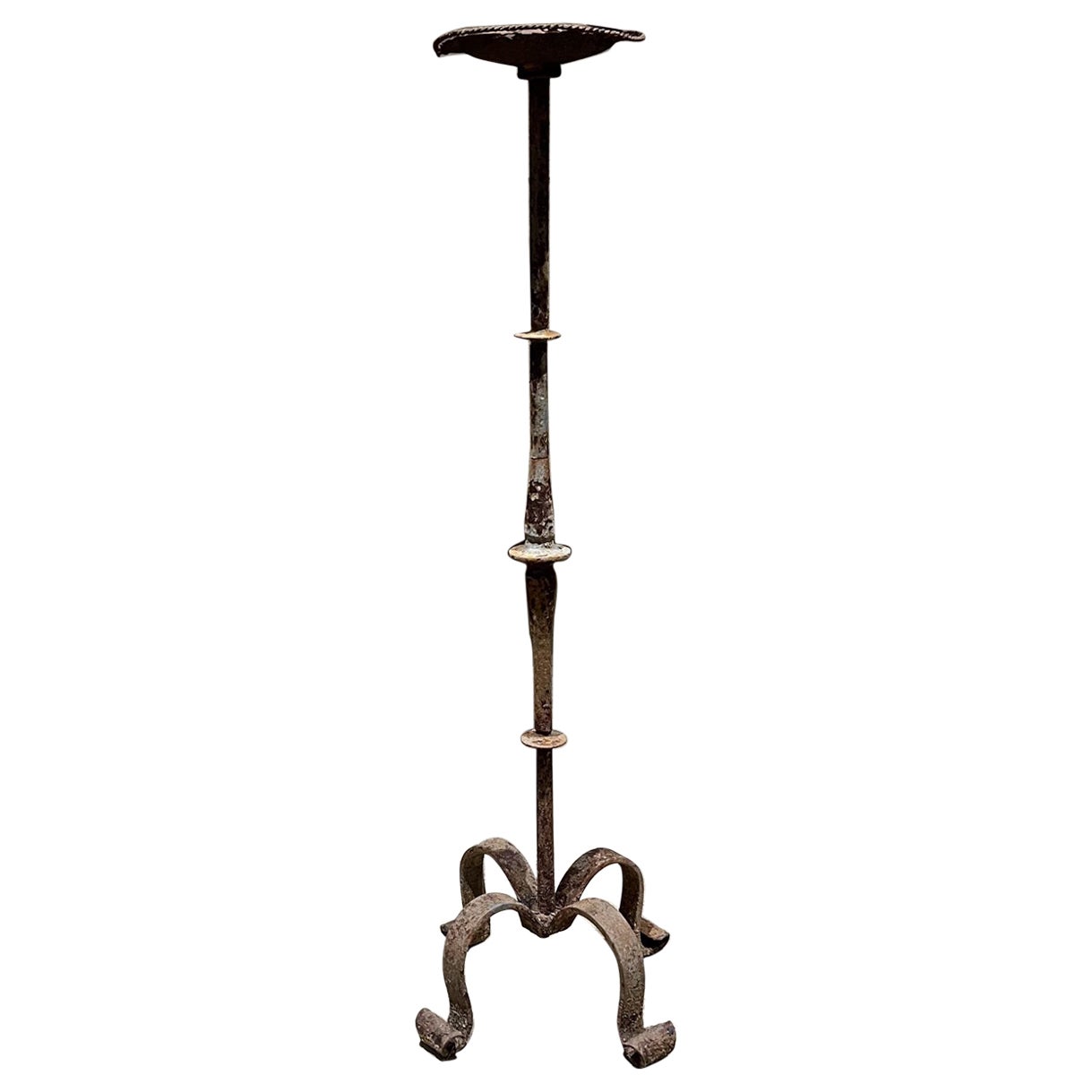 1940s Rustic Hand Forged Iron Standing Floor Candle Holder For Sale