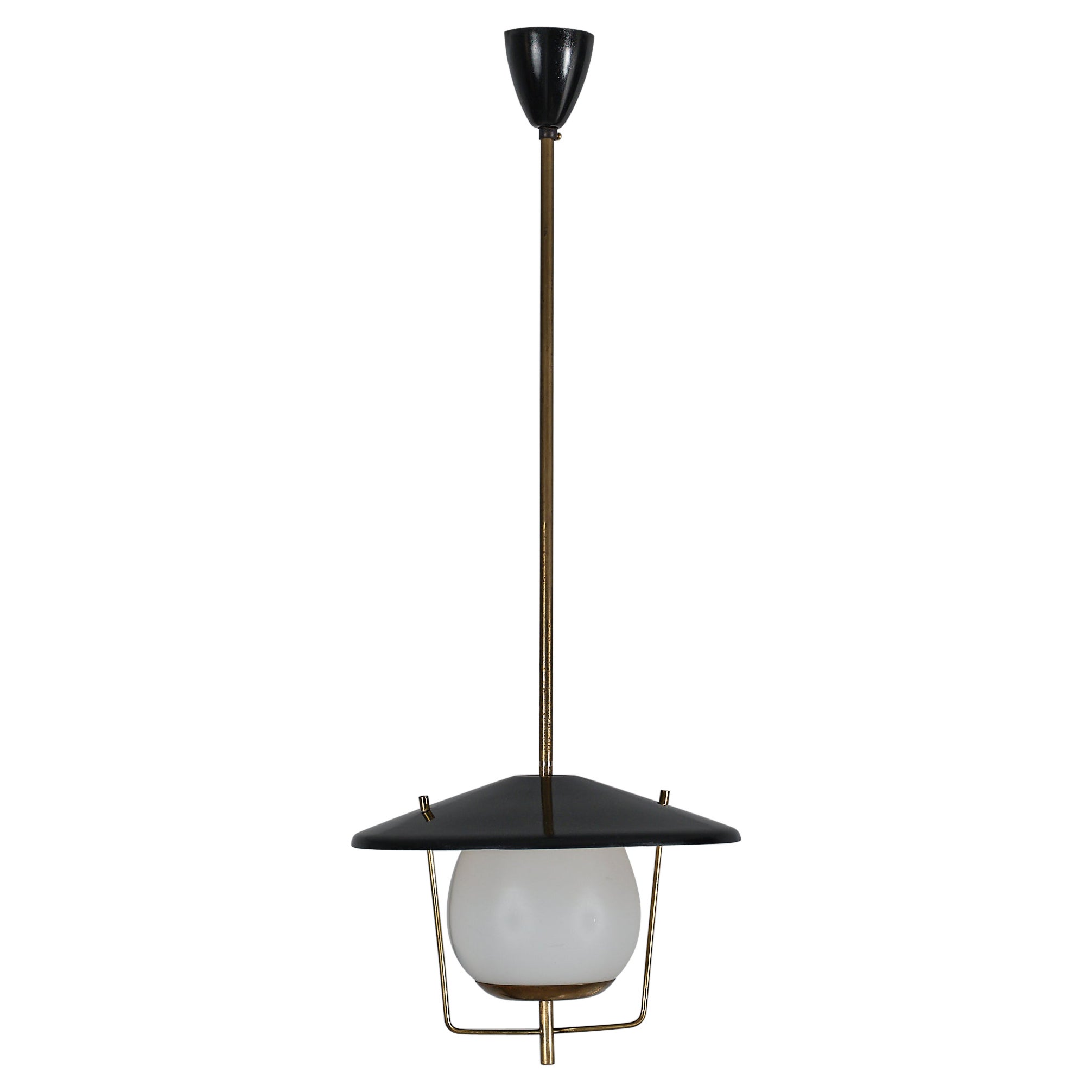 1950s Italian Pendant Lamp - STILNOVO, Brass with Black Shade and Opal Glass For Sale