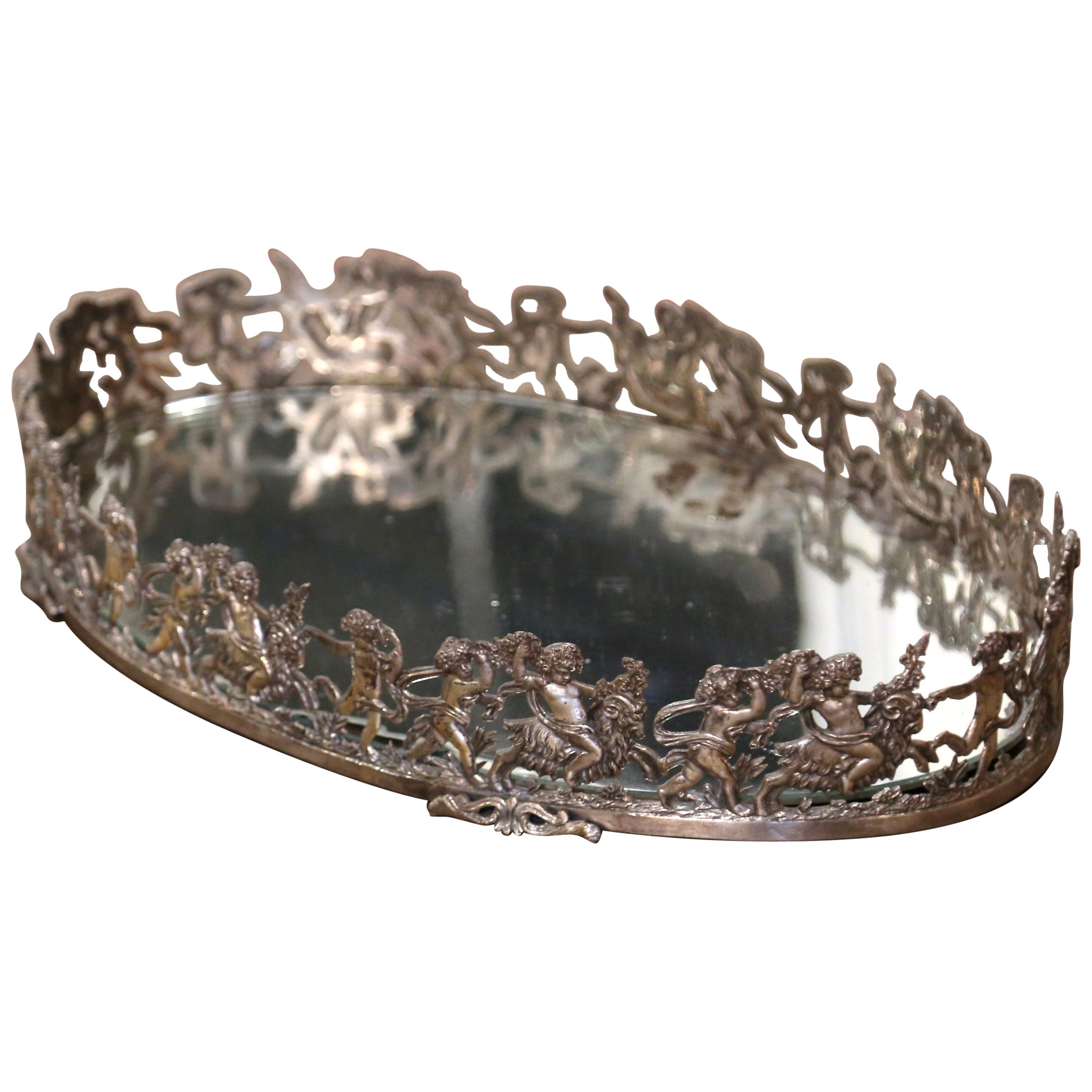  19th Century French Silvered Bronze Mirrored "Surtout de Table" with Cherubs For Sale