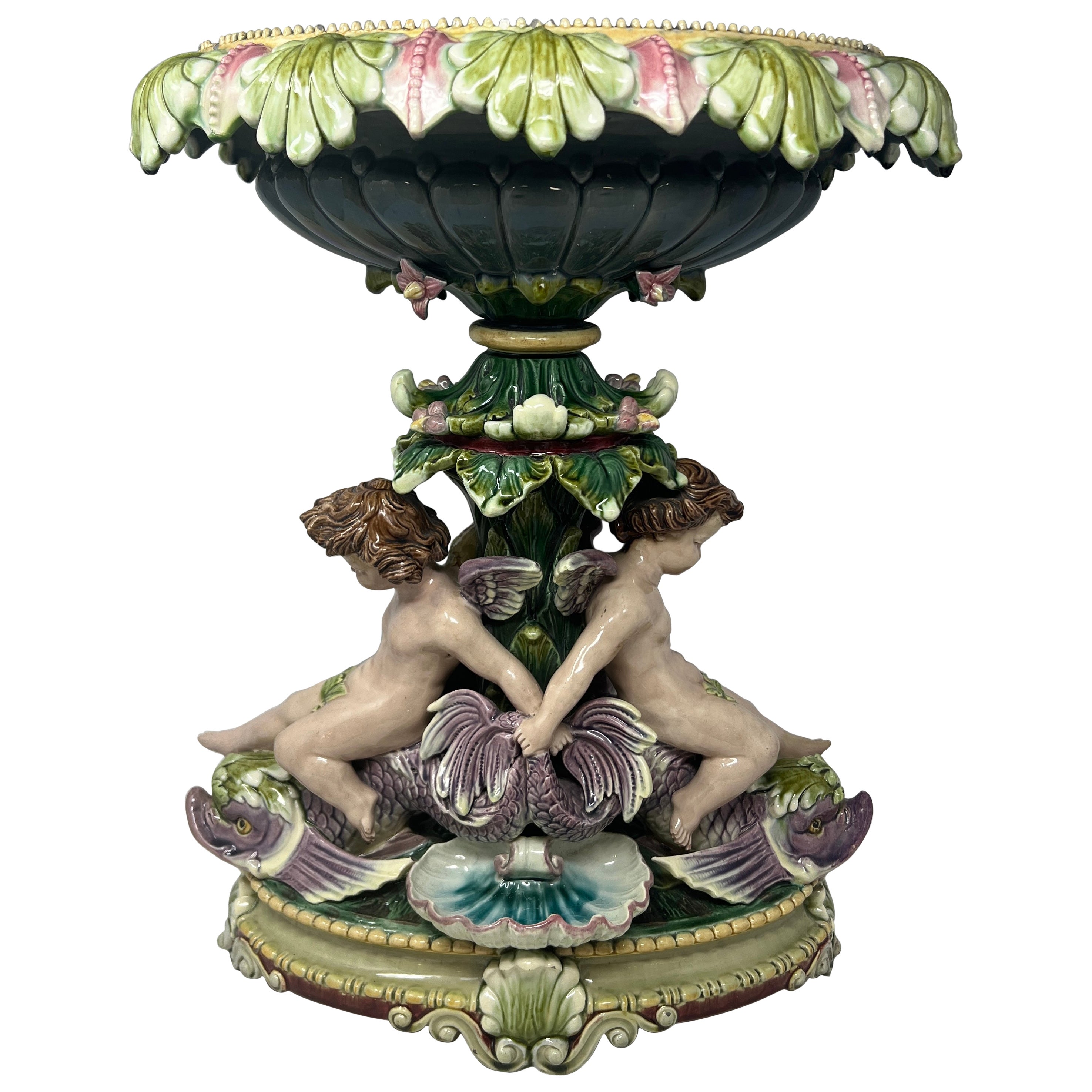 Antique French Majolica Porcelain Hand-Painted Centerpiece with Putti Circa 1900 For Sale