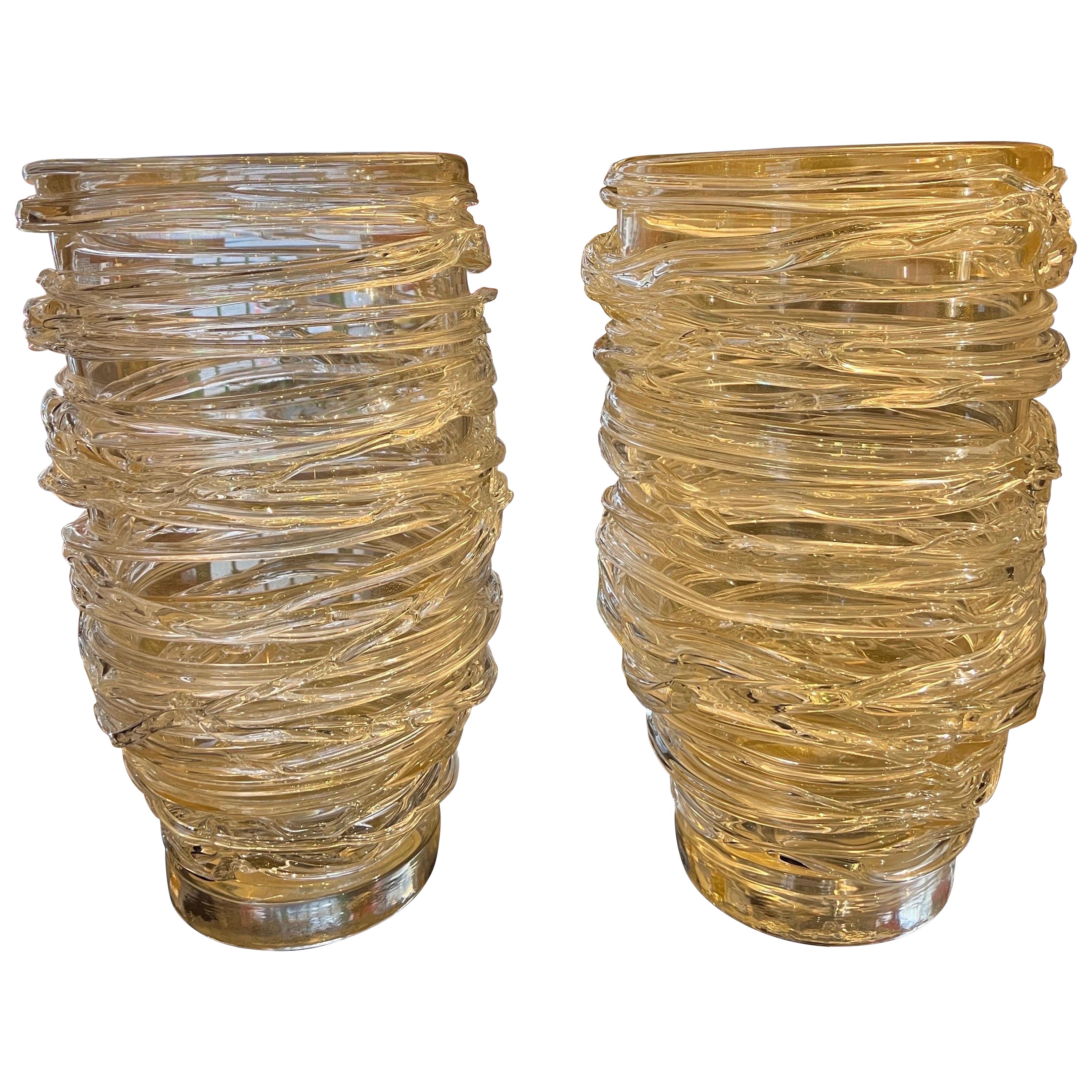 Pair of Gold Fleck Murano Glass Vases with Filaments Signed by Costantini 1980s For Sale