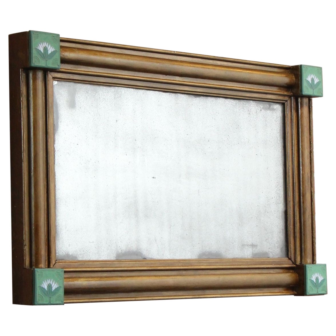 American Empire-Style Giltwood Mantle Mirror with "Lotus" Ceramic Tiles For Sale