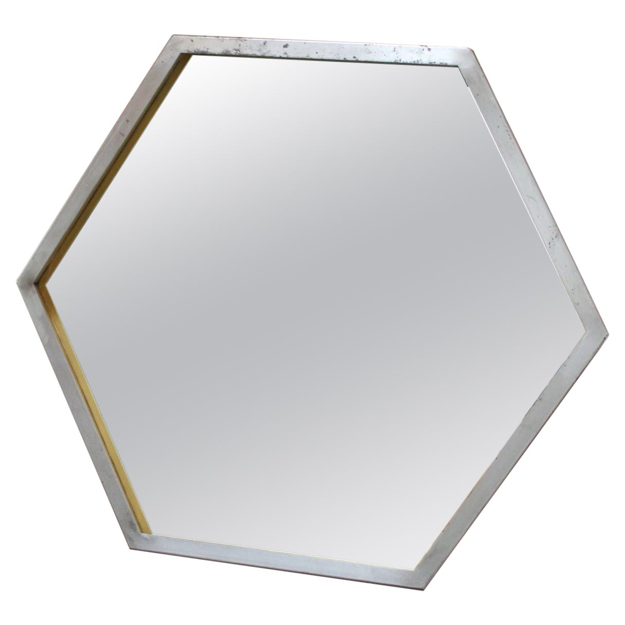 Contemporary Industrial Hexagonal Brushed Steel Wall Mirror For Sale