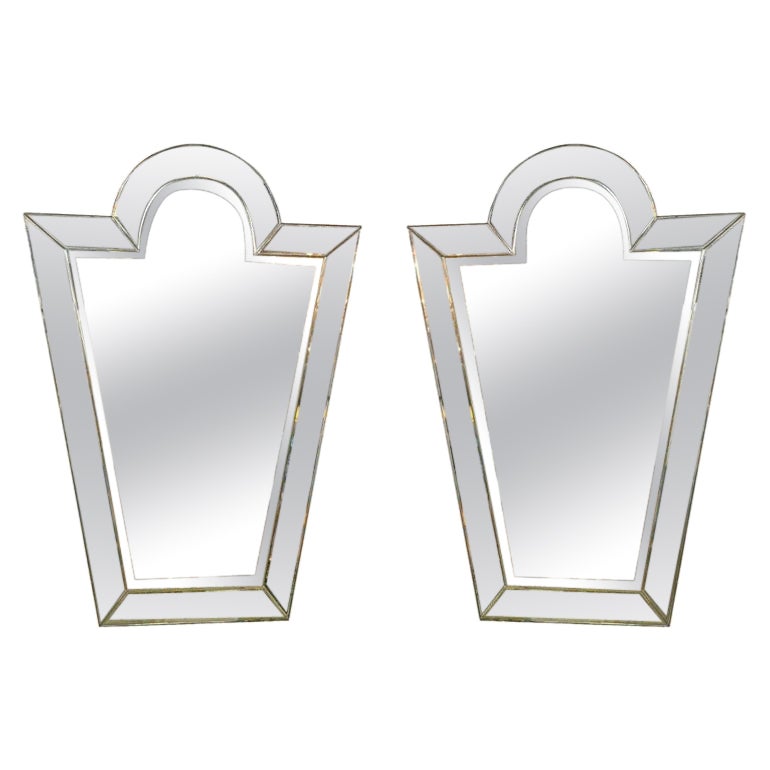 Pair of Venetian 'Key Hole' Shaped Beveled Glass Mirrors Hollywood Regency Style For Sale