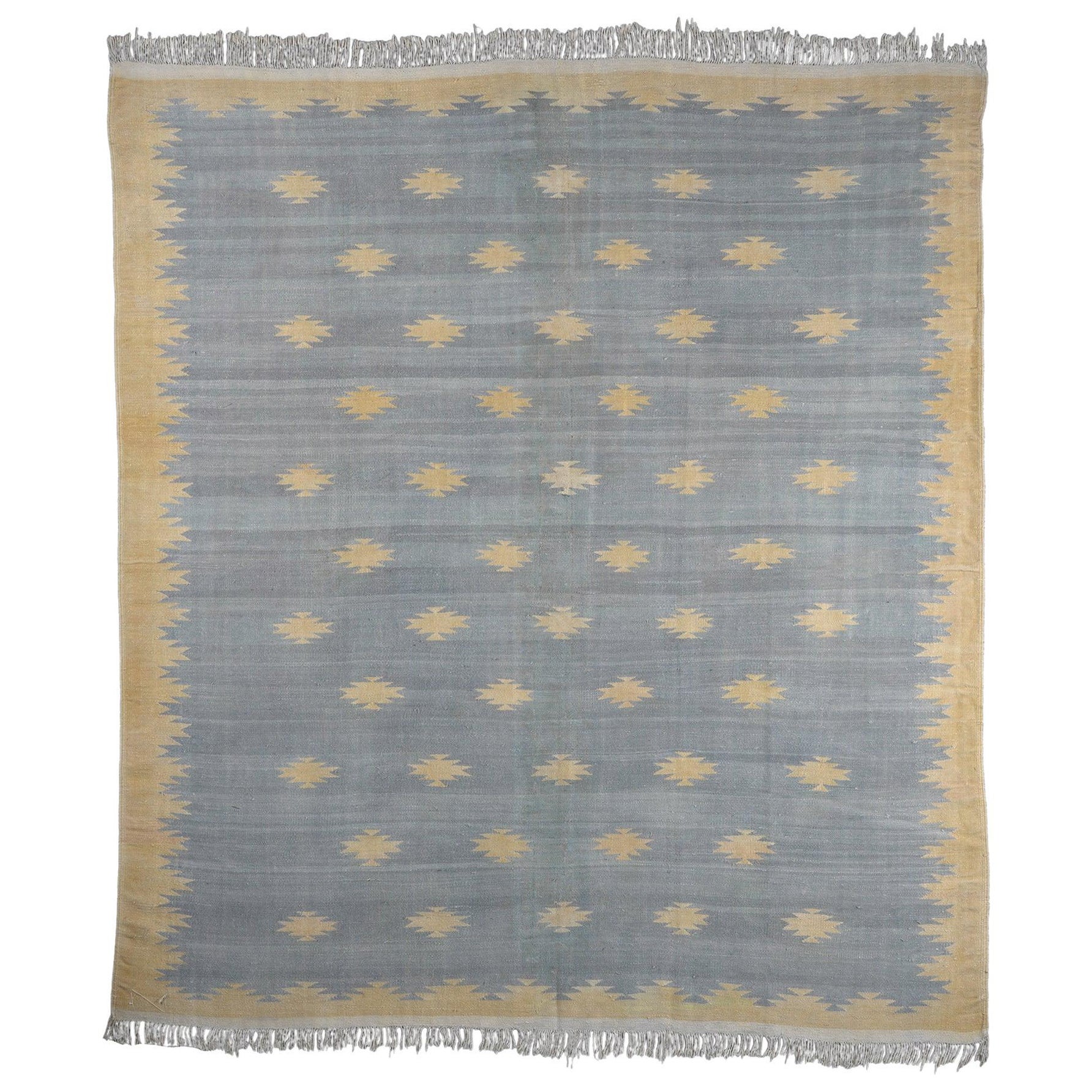 Vintage Dhurrie Rug in Blue with Geometric Pattern in Blue with Beige-Brown For Sale