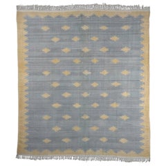 Vintage Dhurrie Rug in Blue with Geometric Pattern in Blue with Beige-Brown