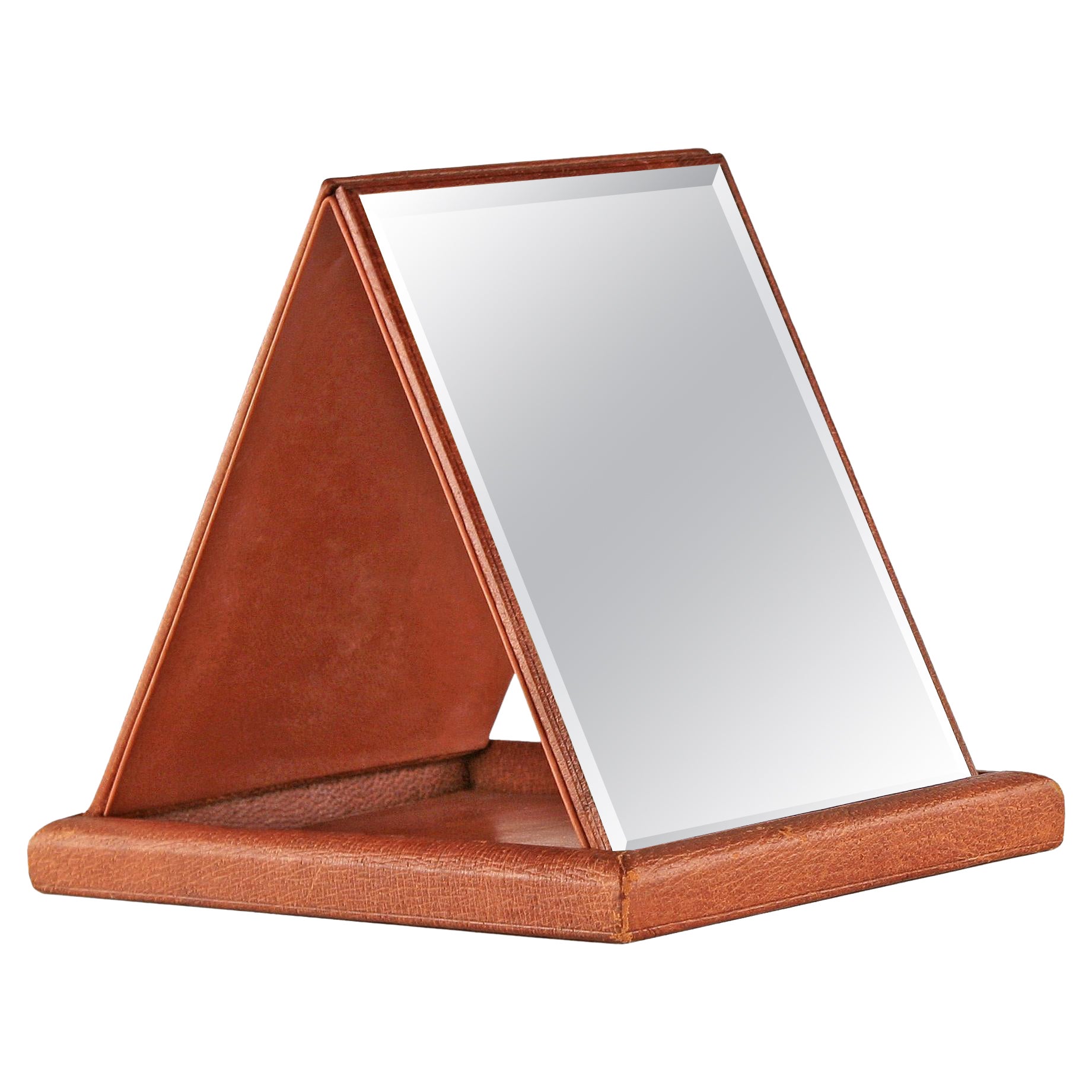 20th C. Leather and Wood Foldable Beveled Mirror by French Brand Hermès Paris