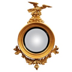Antique  19th Century English Giltwood Bull’s Eye Mirror with Eagle Crest & Convex Mirro