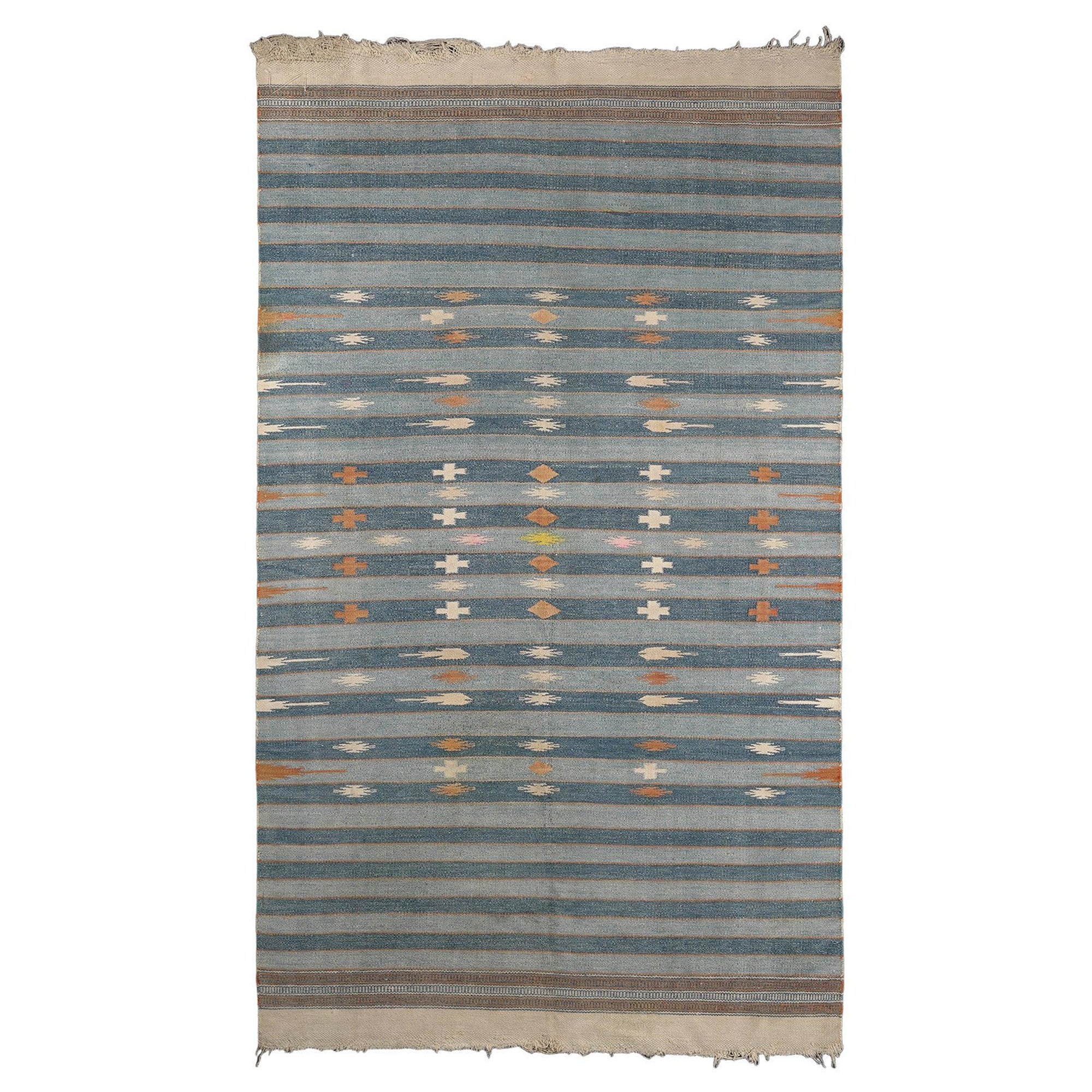 Vintage Dhurrie Vintage-Teppich mit blauen Streifen und geometrischen Mustern, von Rug & Kilim im Angebot