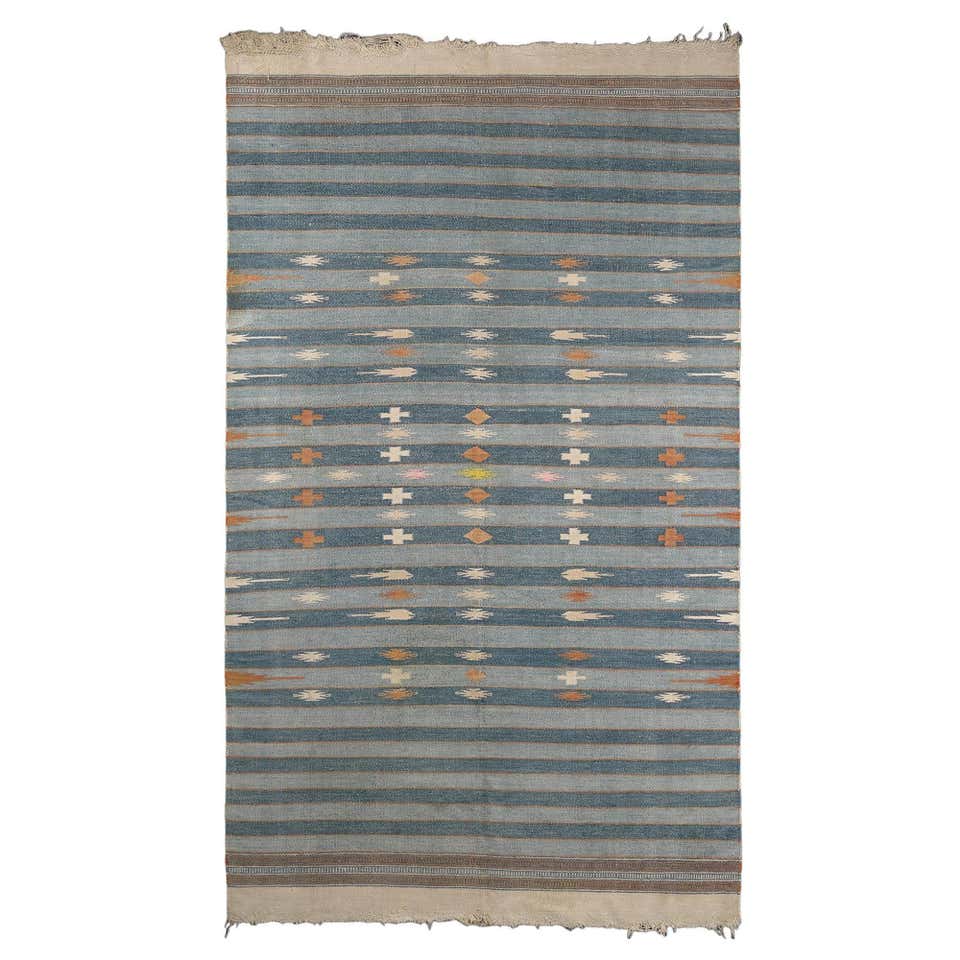 Vintage Dhurrie Rug with Blue and Gold Geometric Pattern, from Rug and ...