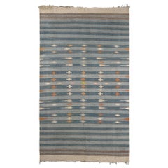 Vintage Dhurrie Vintage-Teppich mit blauen Streifen und geometrischen Mustern, von Rug & Kilim