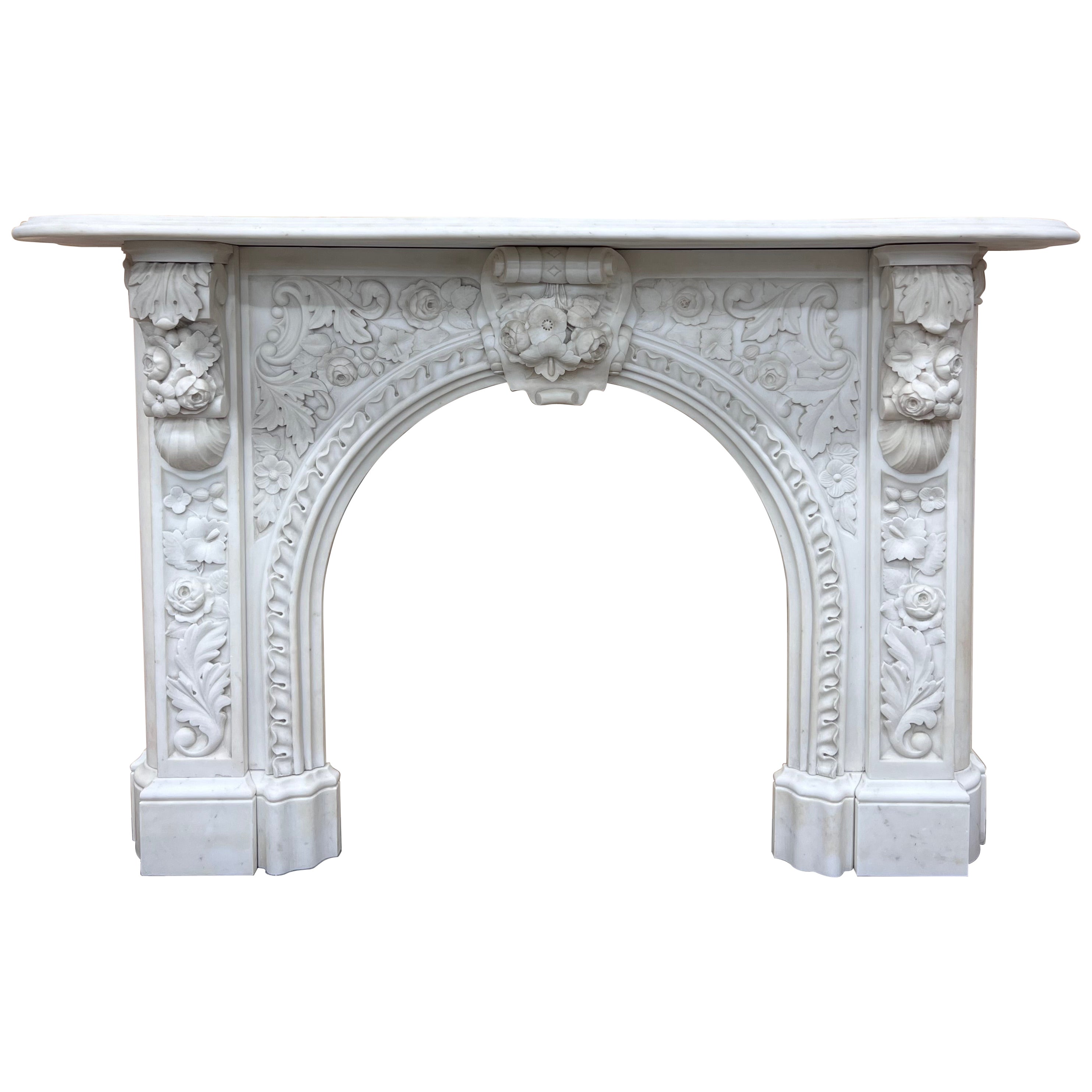 Arched Victorian Chimneypiece c. 1860 Carved in Statuary Marble For Sale