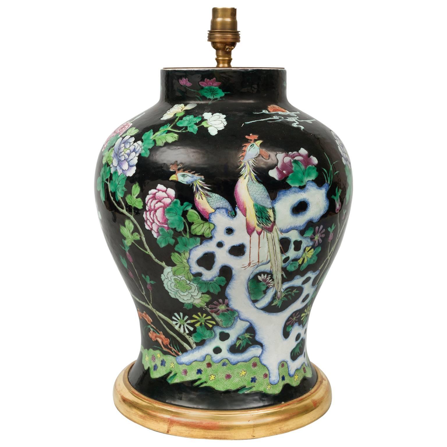 Chinese Famille Noire Vase Lamp For Sale