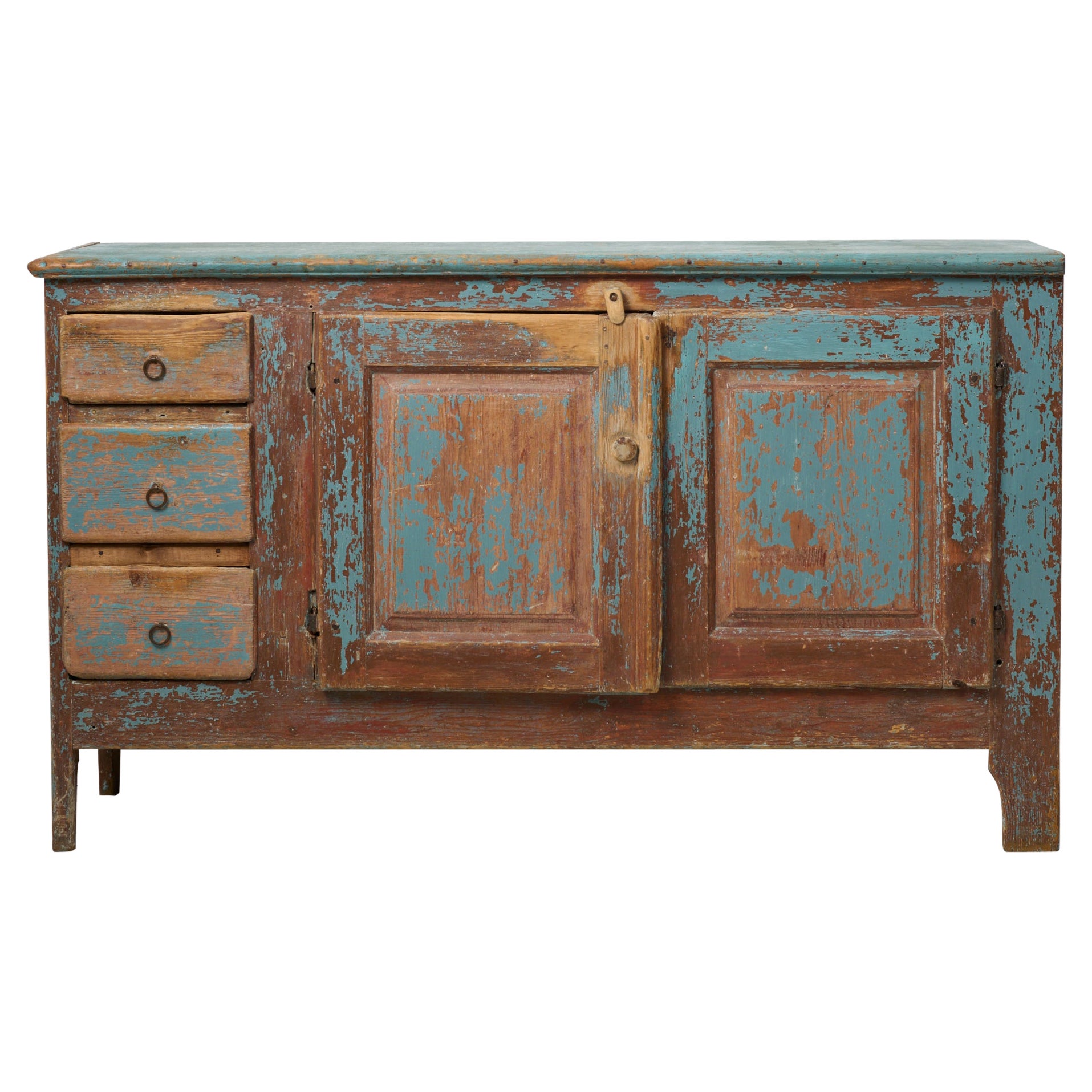Antique Swedish Genuine Rustic Blue Low Country Pine Sideboard  For Sale