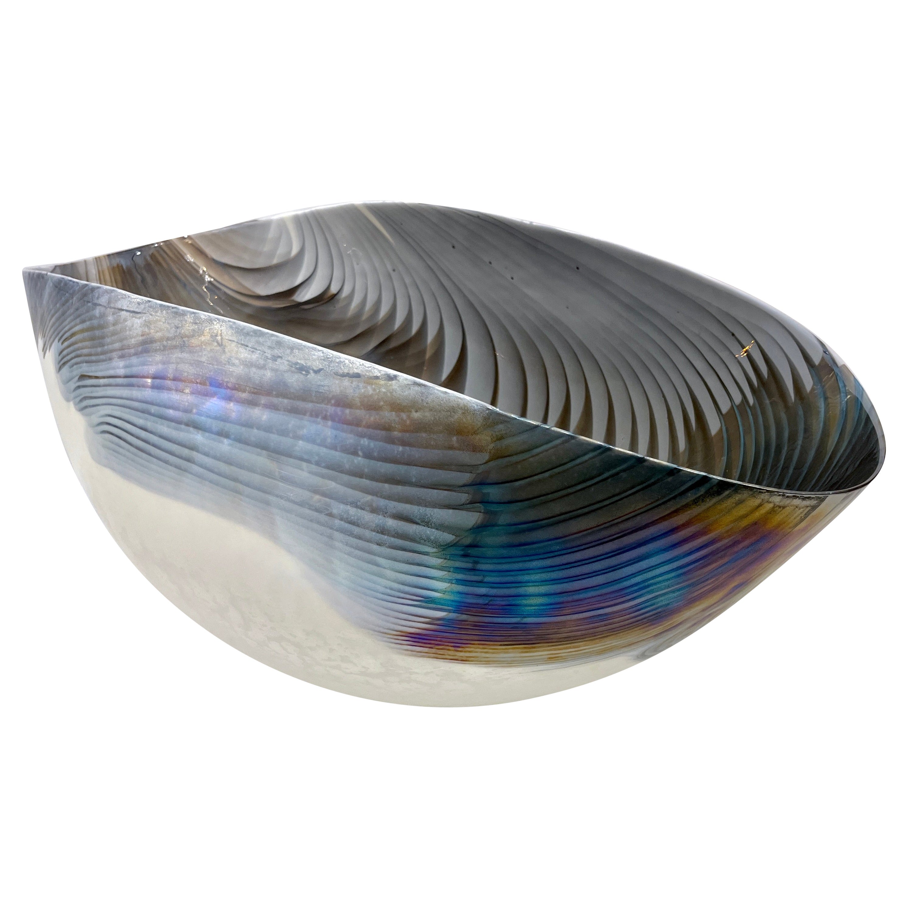 2000 Italian Blue Gray White Taupe Iridescent Murano Glass Monumental Shell Bowl For Sale