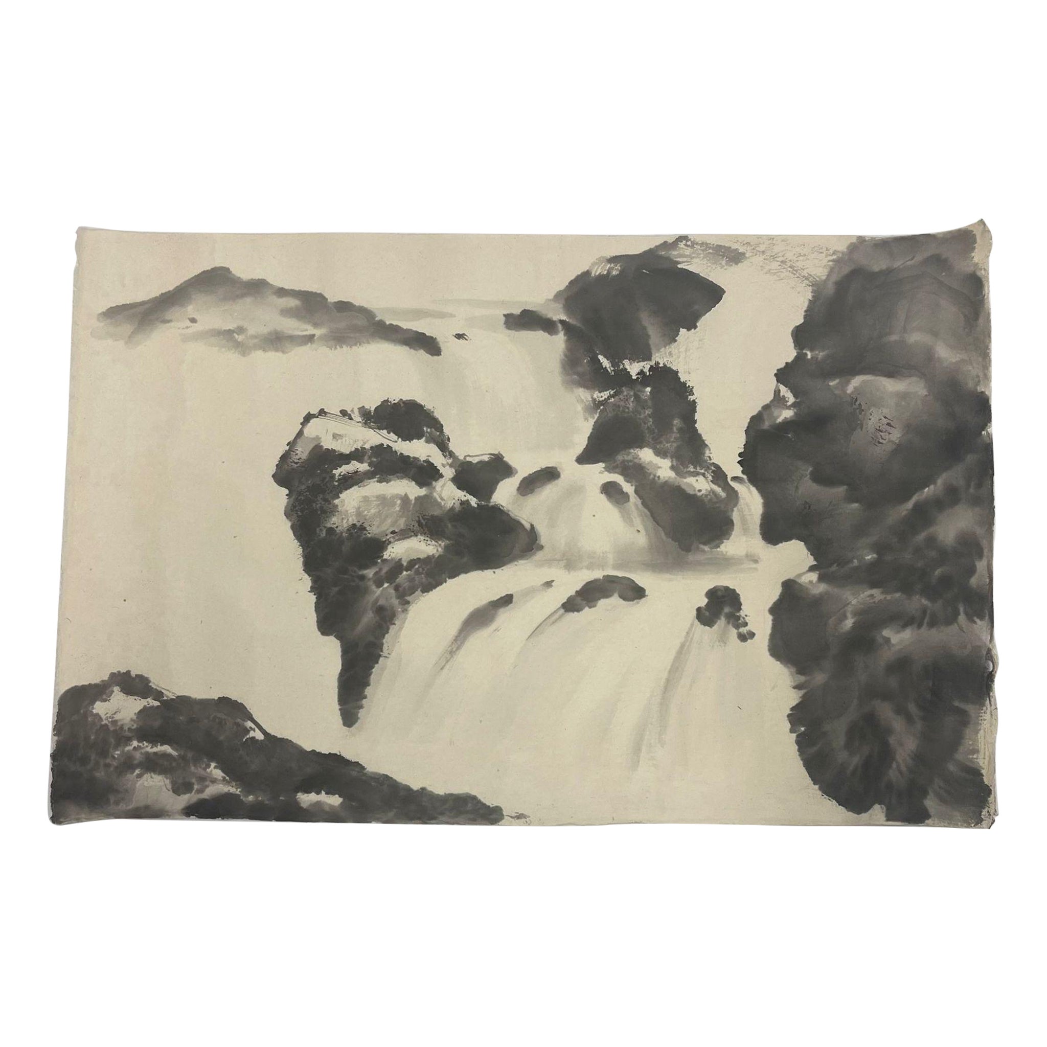 Peinture originale vintage d'un paysage de cascade