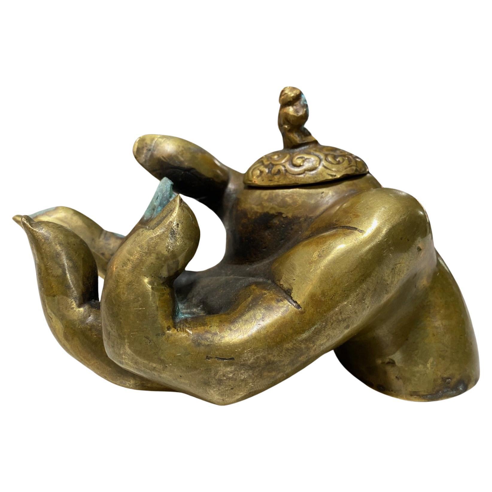 Large Japanese Chinese Asian Signed Bronze Buddha Hand Sculpture Incense Censer For Sale