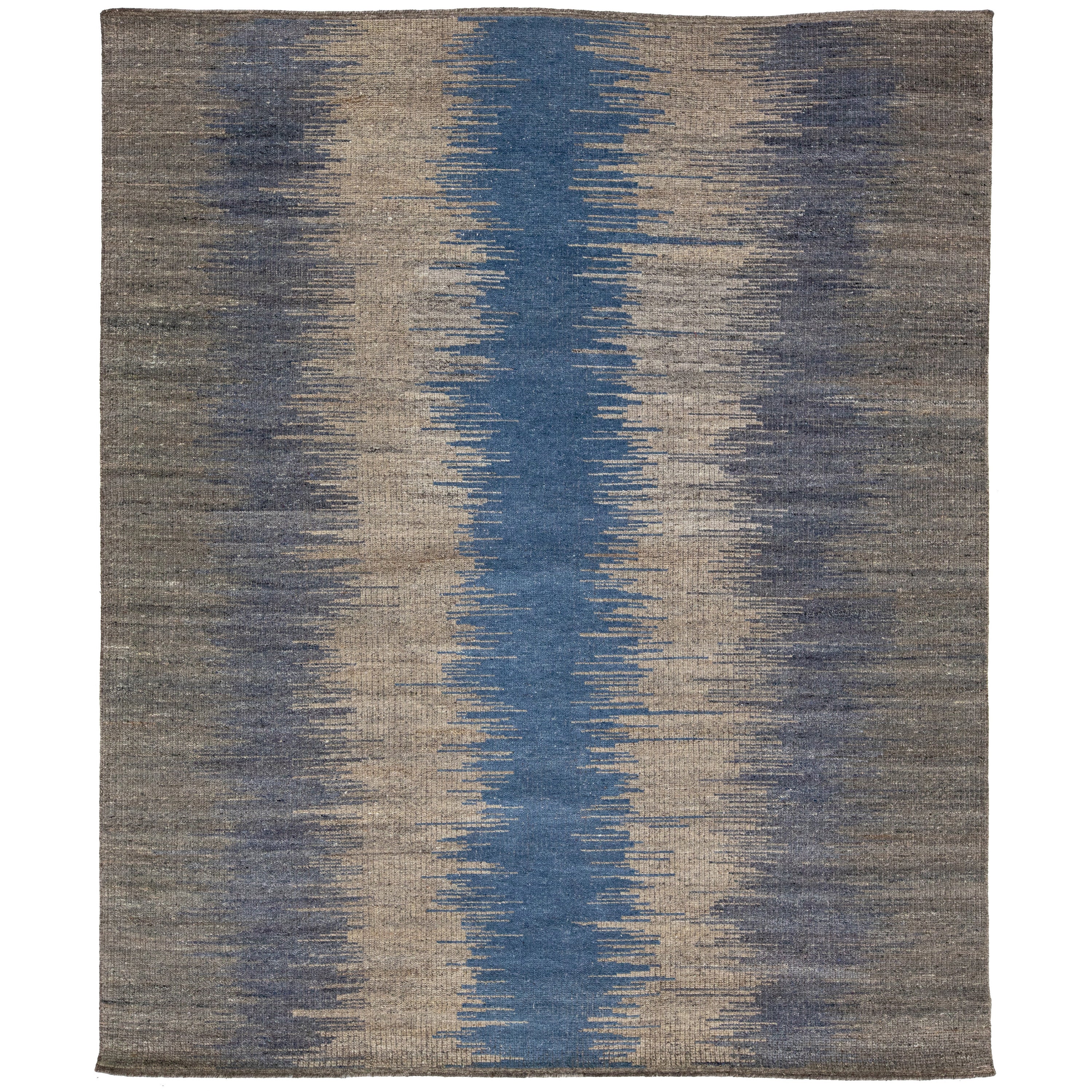 Gray & Blue Modern Kilim Flatweave Wool Rug with Art Deco Design  For Sale