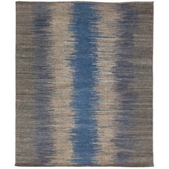 Moderner Flachgewebter Kelim-Wollteppich in Grau & Blau mit Art déco-Design 