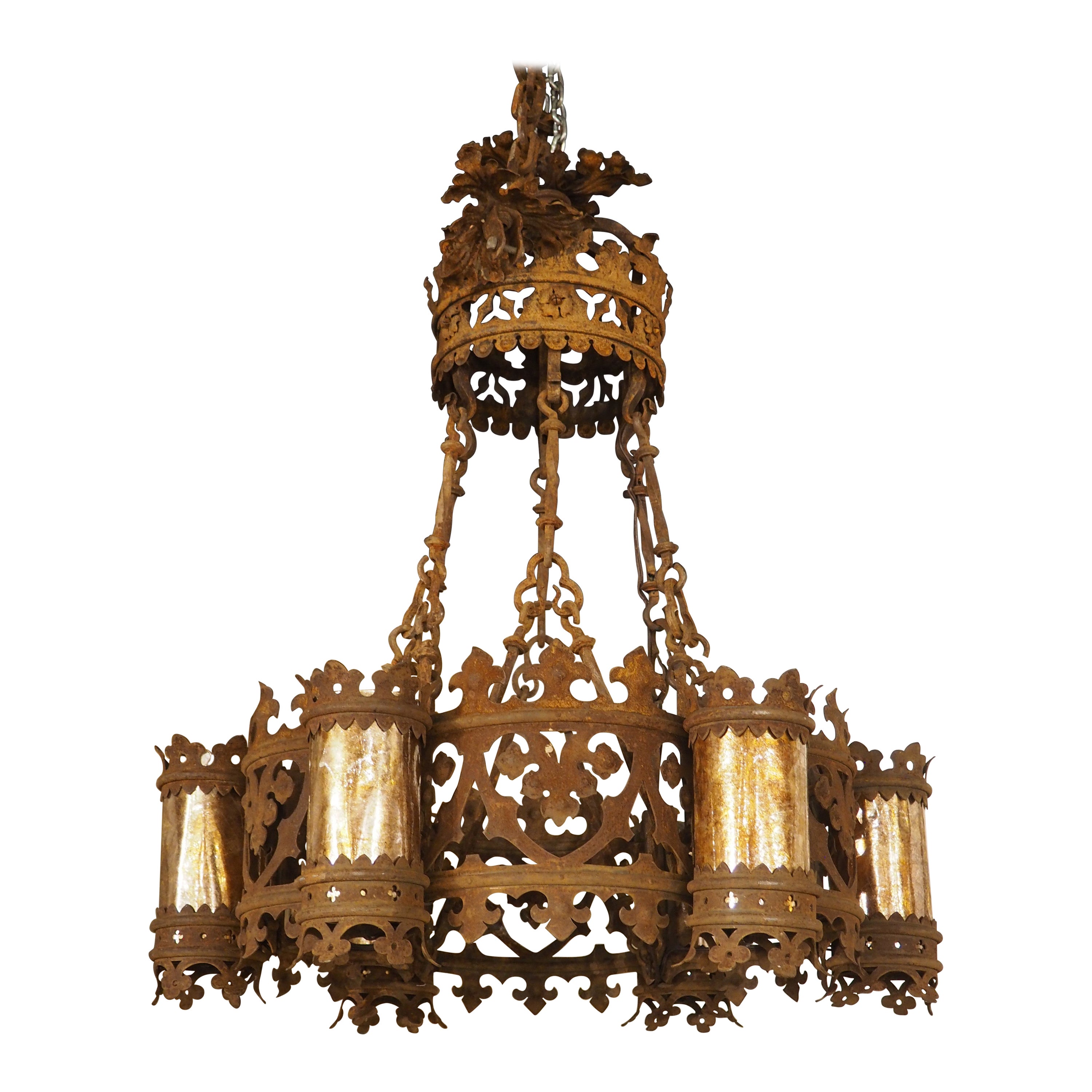Circa 1900 French Gothic Style Wrought Iron Chandelier For Sale