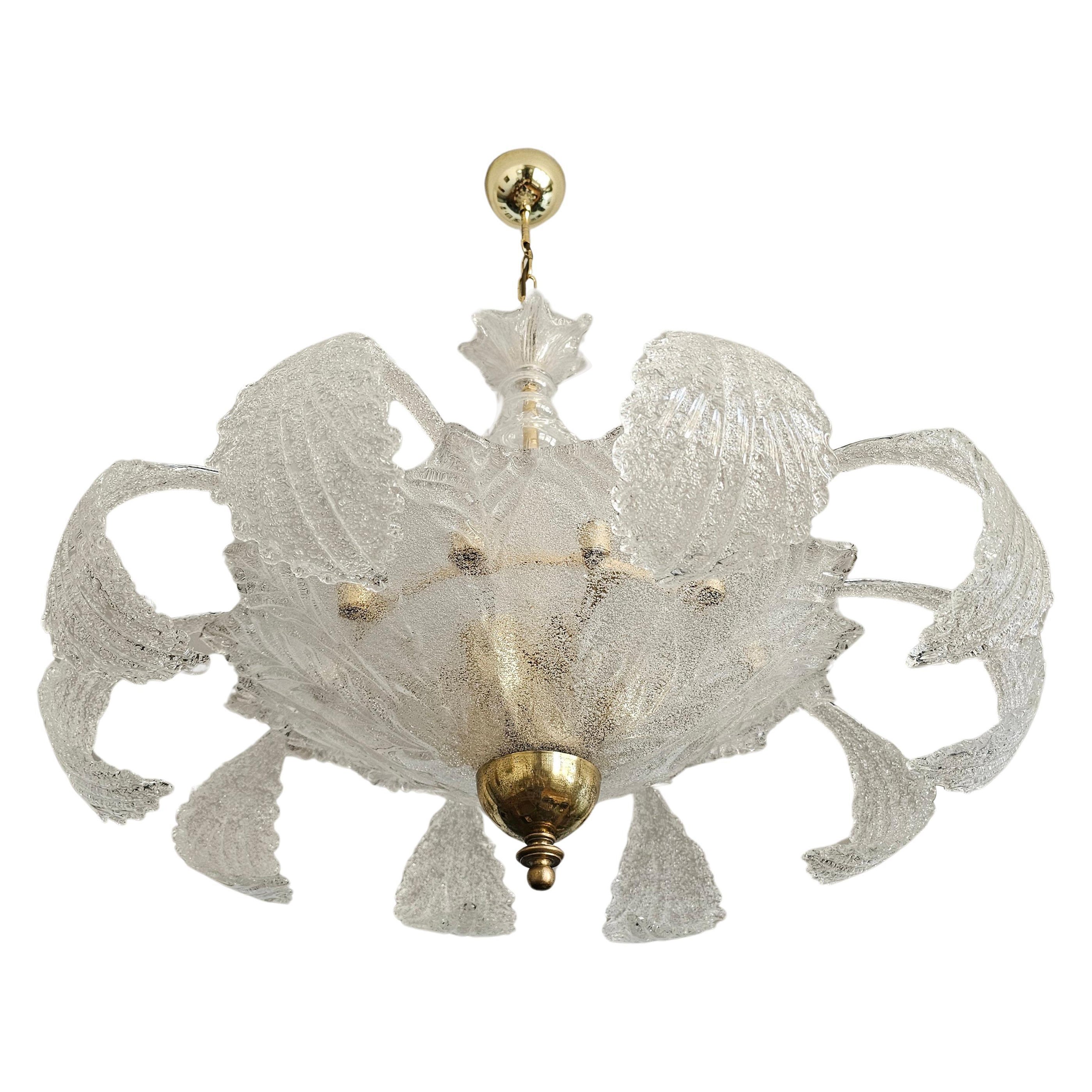 Art Deco Chandelier in style of Barovier & Toso, 10 Murano leaves, Italy 1950s For Sale