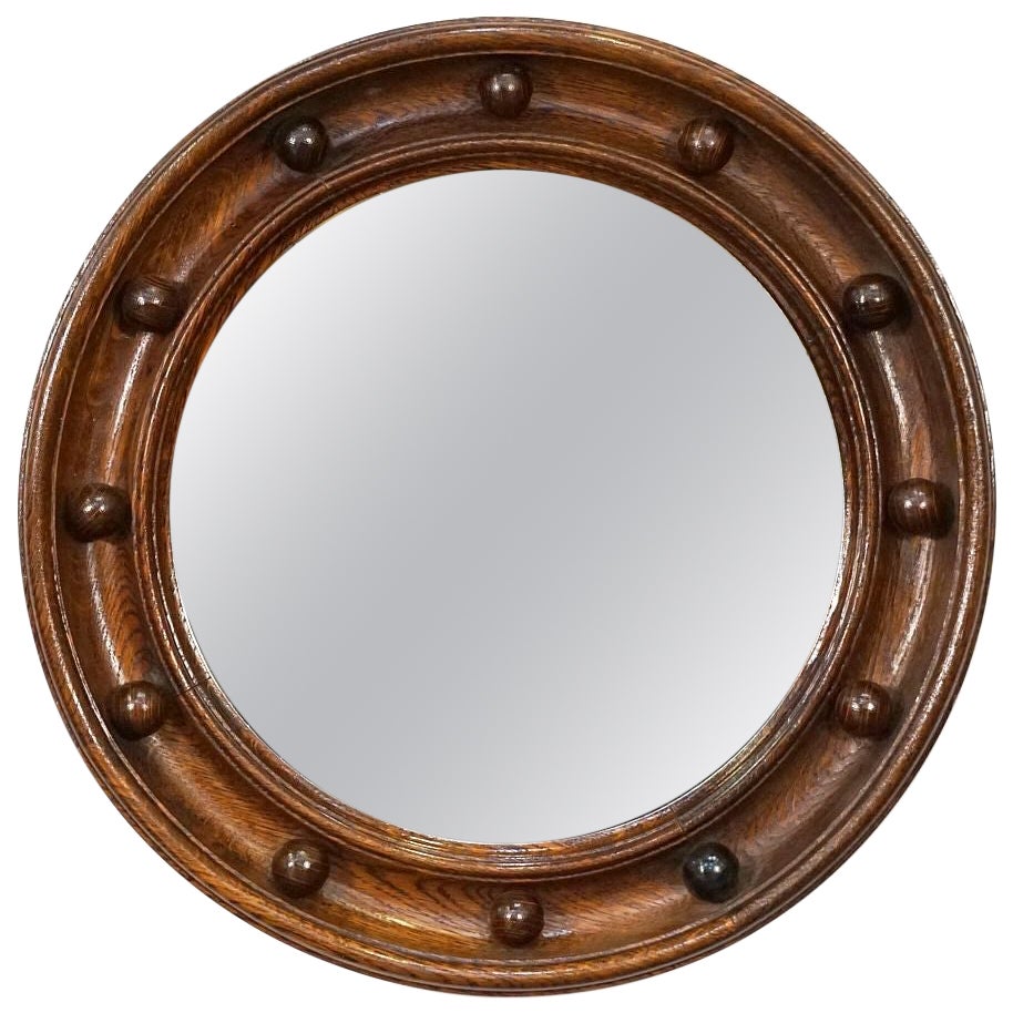 Regency Style Round Mirror with Oak Wood Frame from England (Diameter 16 1/2) 