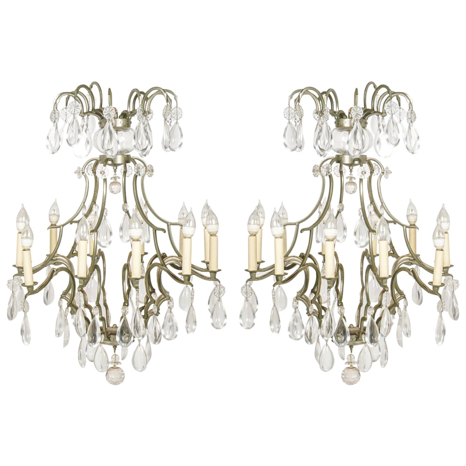 Pair of French Bronze Patinated Rock Crystal Chandeliers