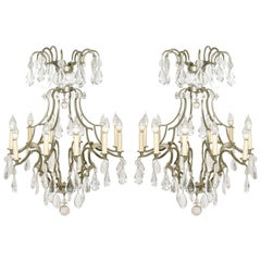 Vintage Pair of French Bronze Patinated Rock Crystal Chandeliers