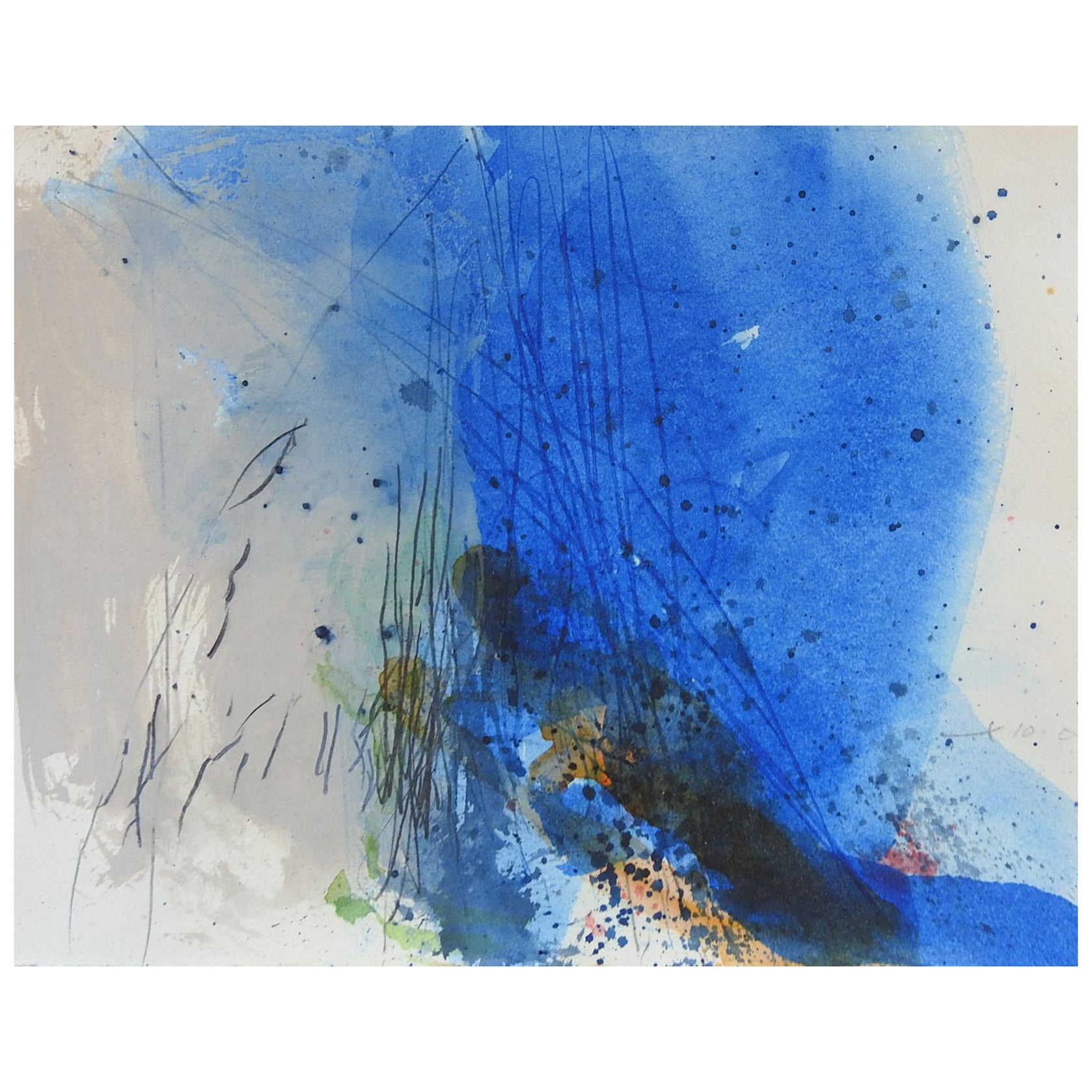 Abstract Mixed Media Painting in Blue For Sale