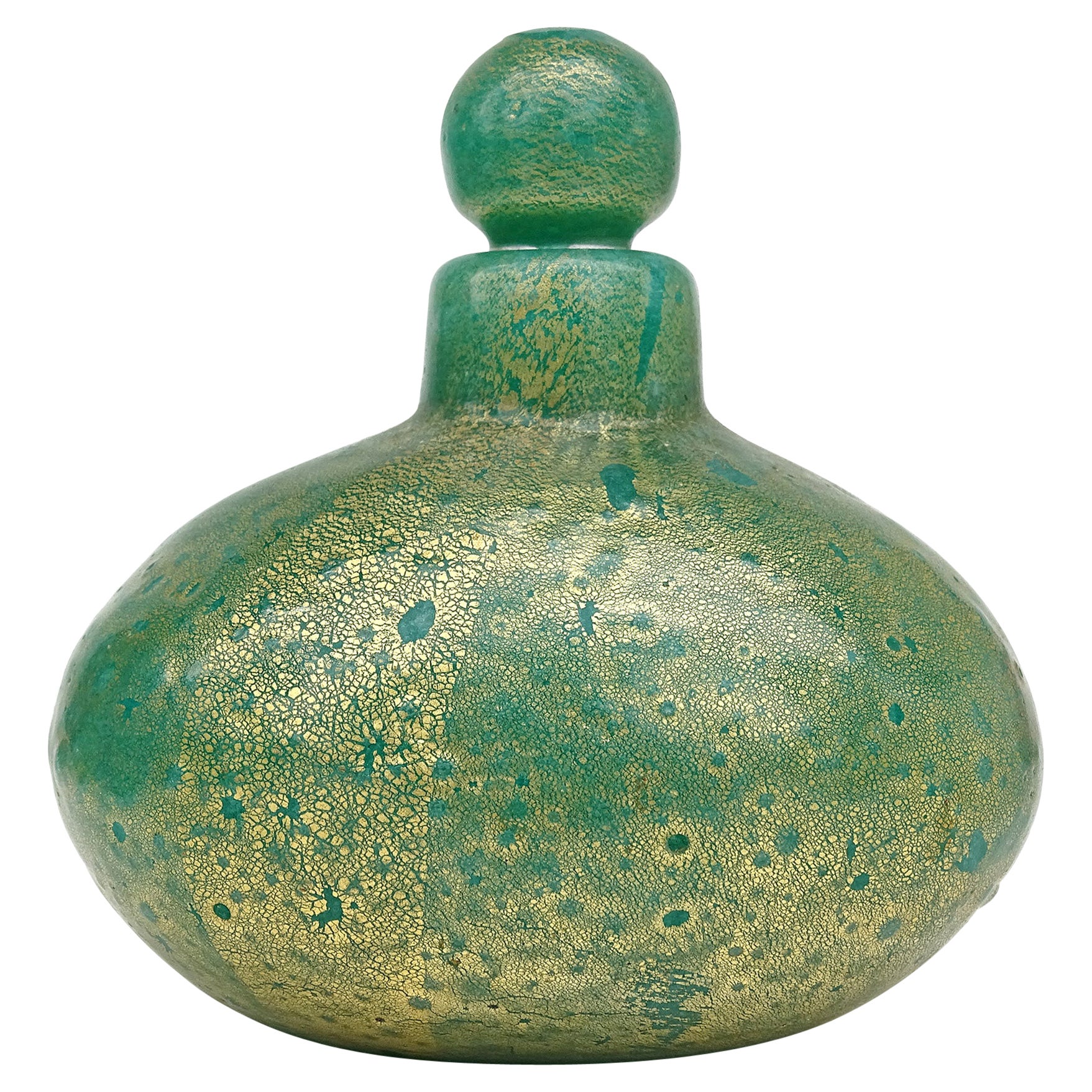 Seguso Vetri d'Arte Murano Pulegoso Verde Dorado Botella de perfume de vidrio artístico italiano