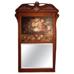 A  Rare Wicker Framed Trumeau Mirror with Oil on Canvas Floral Still Life